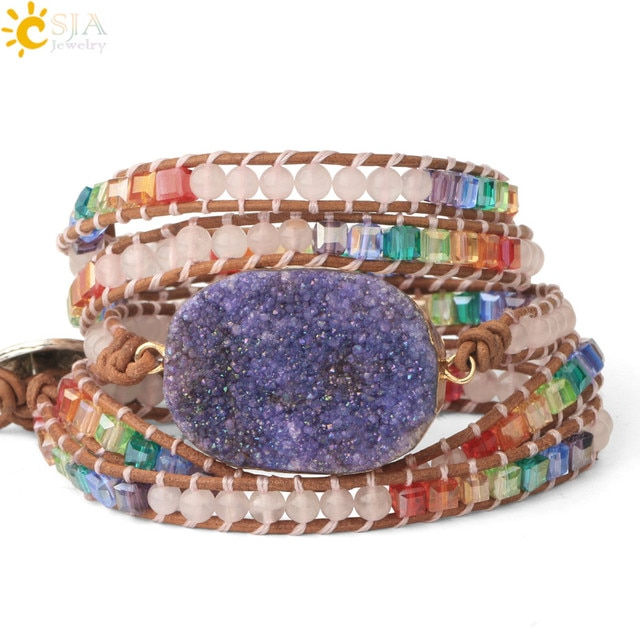 Miniatura: CSJA Natural Stone Bracelet Pink Quartz Leather Wrap Bracelets for Women Rose