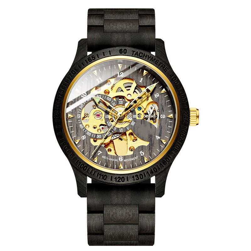 Thumbnail: Men's Sandalwood Fully Automatic Hollow Mechanical Watch