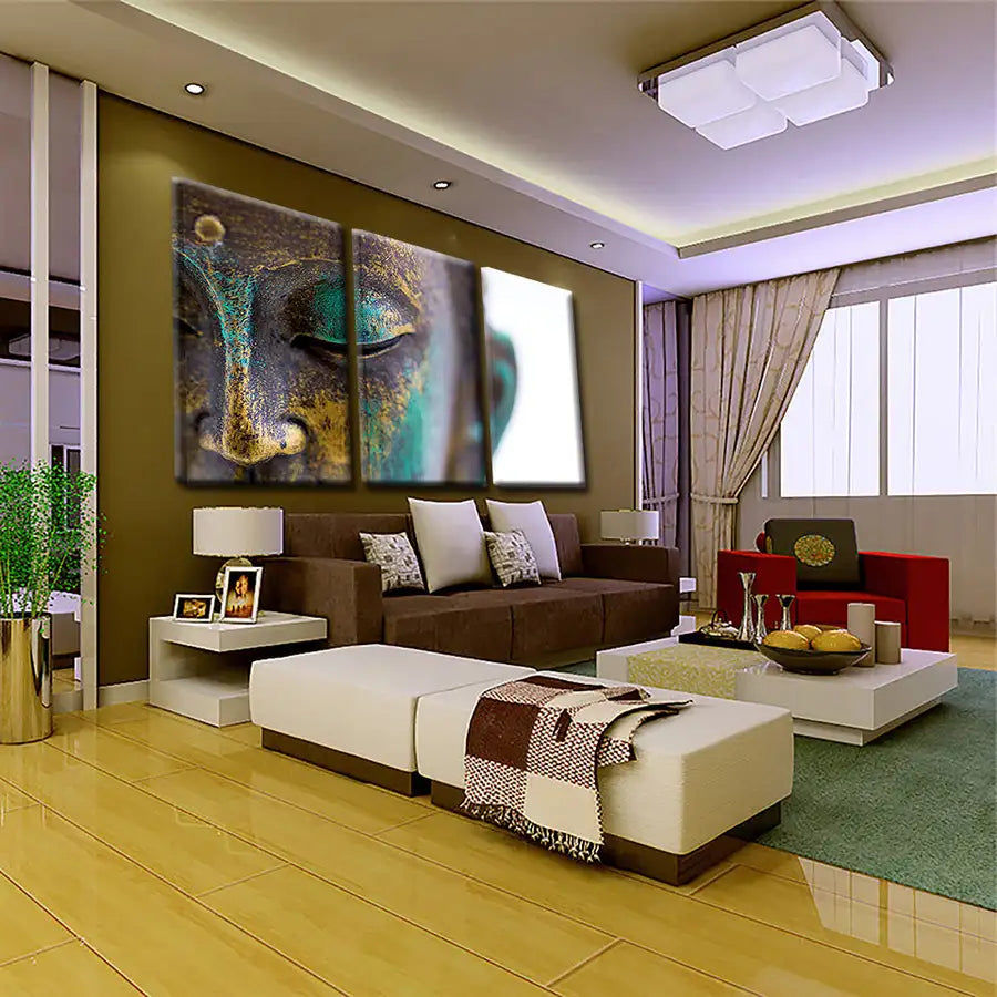 Miniature : Canvas Paintings Wall Art Home Decor 3 Pieces Buddha Statue Face Pictures Home D