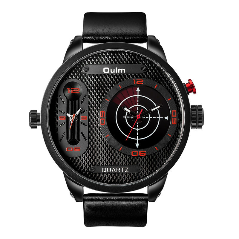Thumbnail: Men's Dual Time Zone Large Dial Luminous Leather Watch