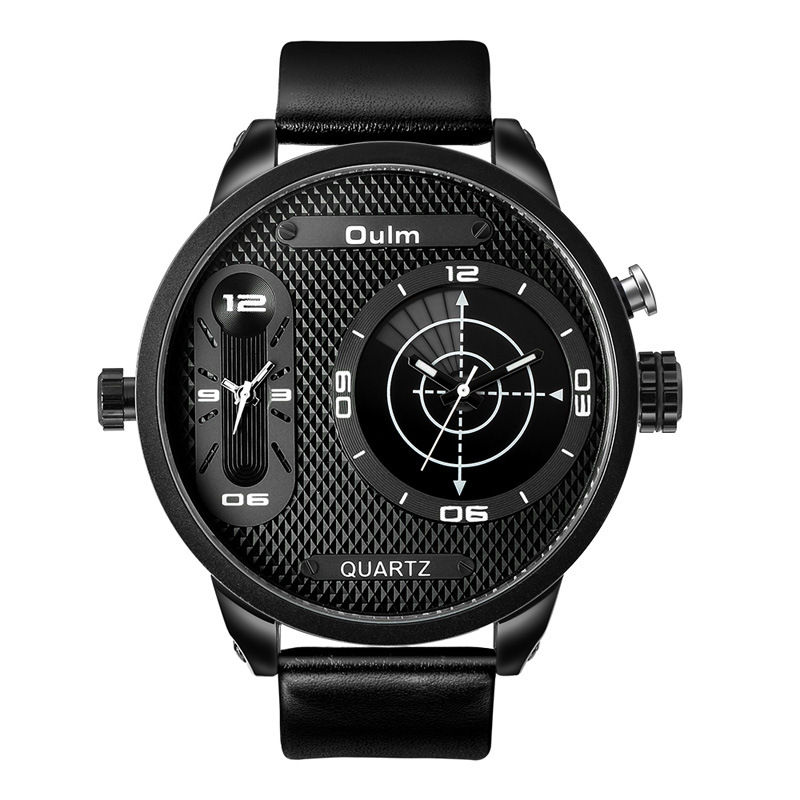 Thumbnail: Men's Dual Time Zone Large Dial Luminous Leather Watch