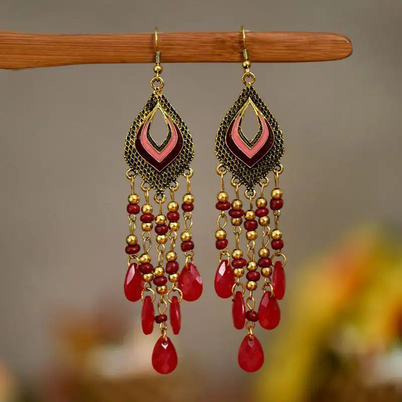 Thumbnail: Bohemian Ethnic Style Vintage Bronze Alloy Handmade Beads Tassel Long Earrings f