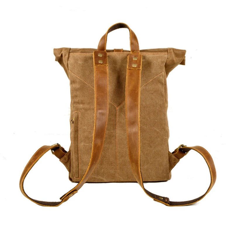 Thumbnail: Simple retro wax canvas casual leather square school bag computer bag backpack