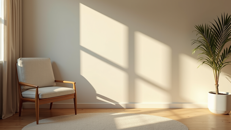 Eye-level view of a peaceful room with soft lighting and a comfortable chair