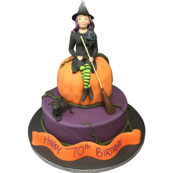 A spooky Halloween witch duo cake decorated with intricate details and vibrant colors, perfect for celebrating the holiday in style.