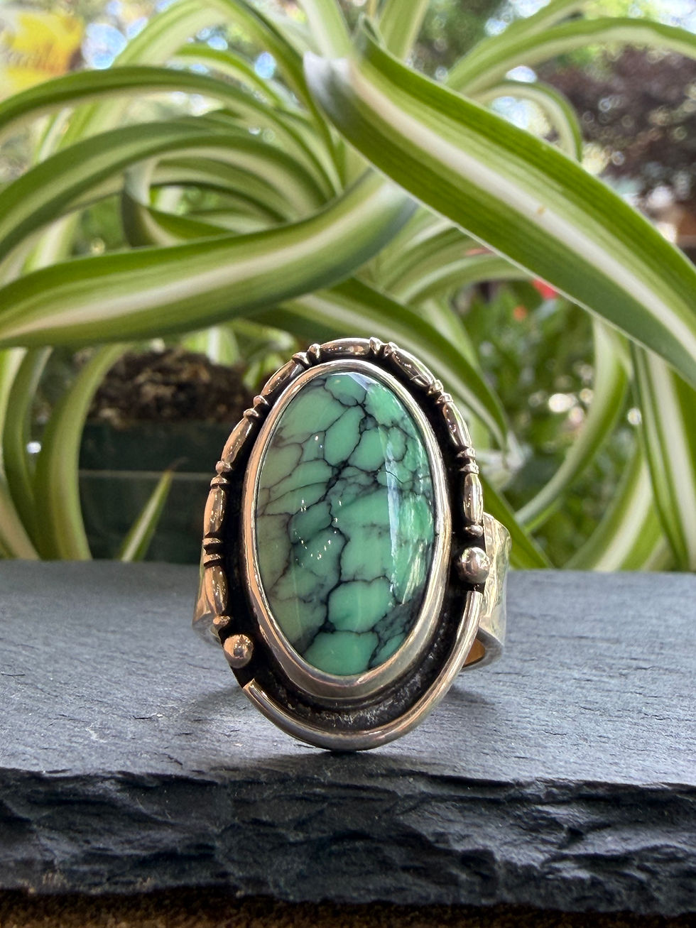 Persian variscite ring with green spiderweb matrix stone in hand-stamped sterling silver, handcrafted Taos, New Mexico