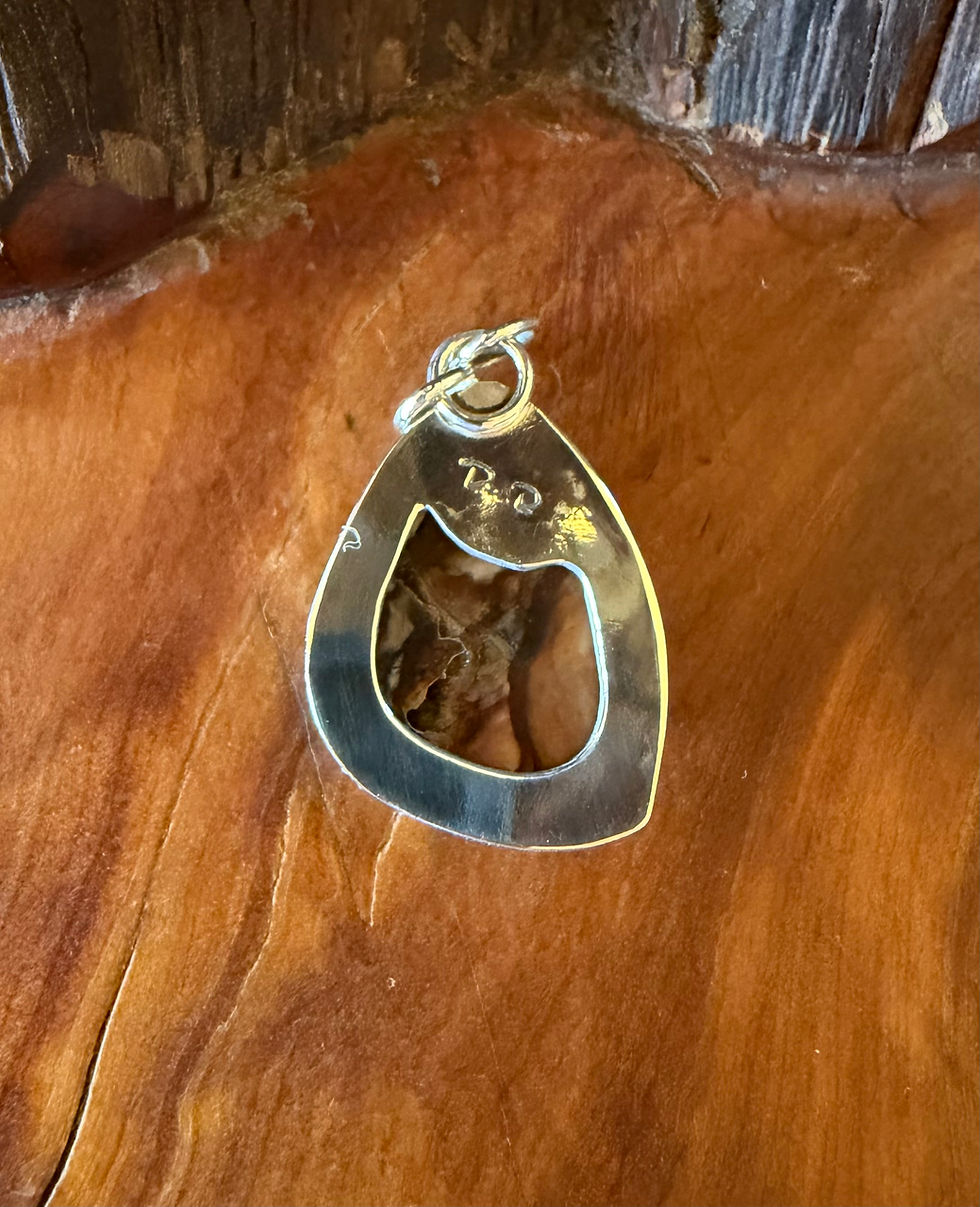 Deschutes River Oregon jasper freeform pendant, amber russet banding, open frame back plate, Fire & Stone Jewelry Studio Taos