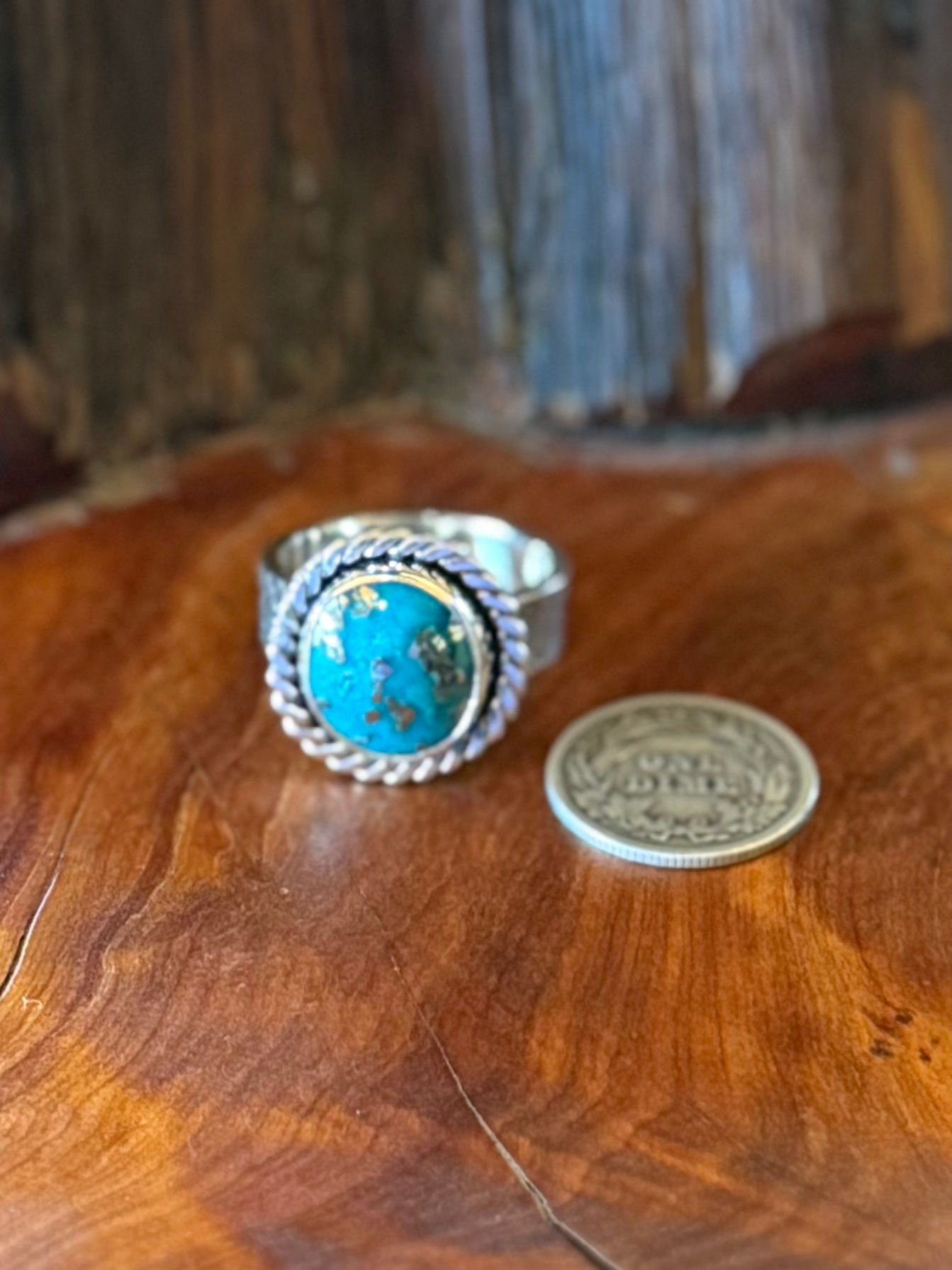 Morenci II turquoise round ring, vivid teal dark matrix, twisted rope border, granulation balls, Taos, New Mexico