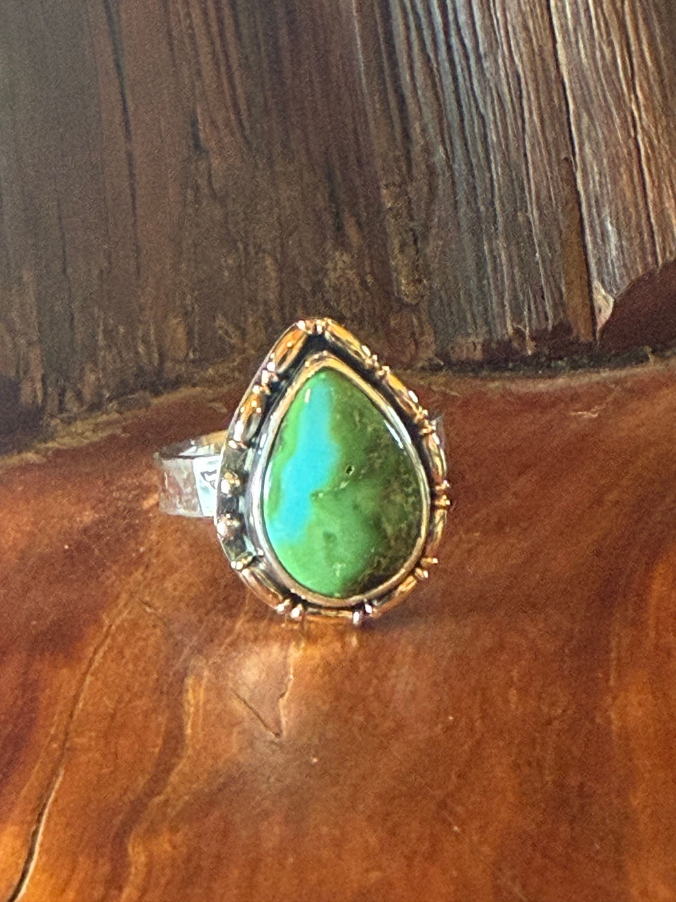 Sonoran Gold turquoise ring with gold-filled beaded bezel, handcrafted in Taos, New Mexico