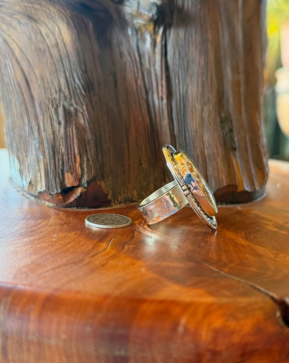 Side view 8mm hammered sterling silver band on ribbon turquoise ring, Southwest artisan silversmith Fire & Stone Taos