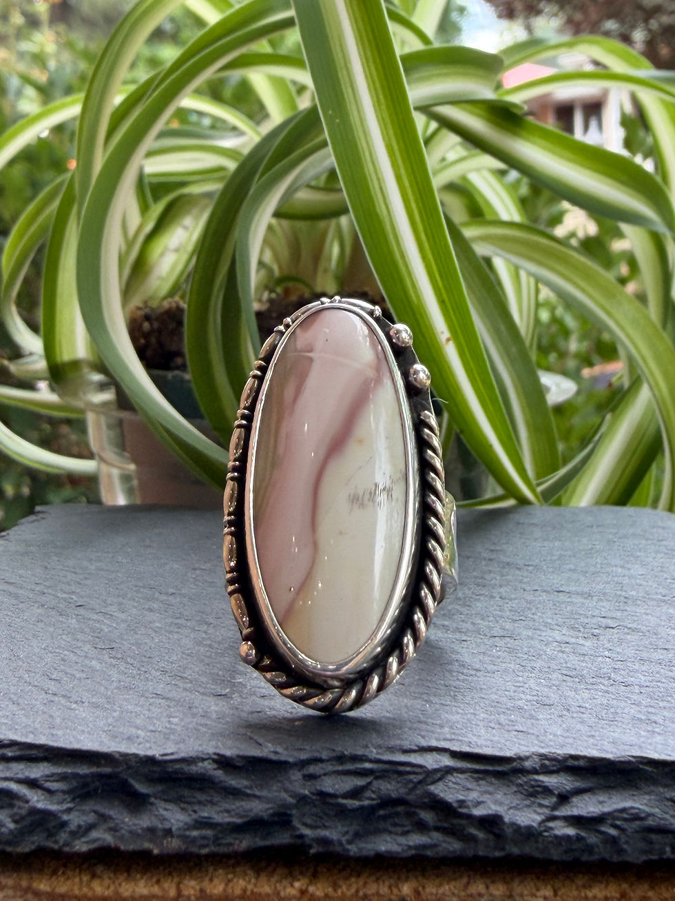 Willow Creek jasper ring with twisted rope silver bezel, handcrafted in Taos, New Mexico