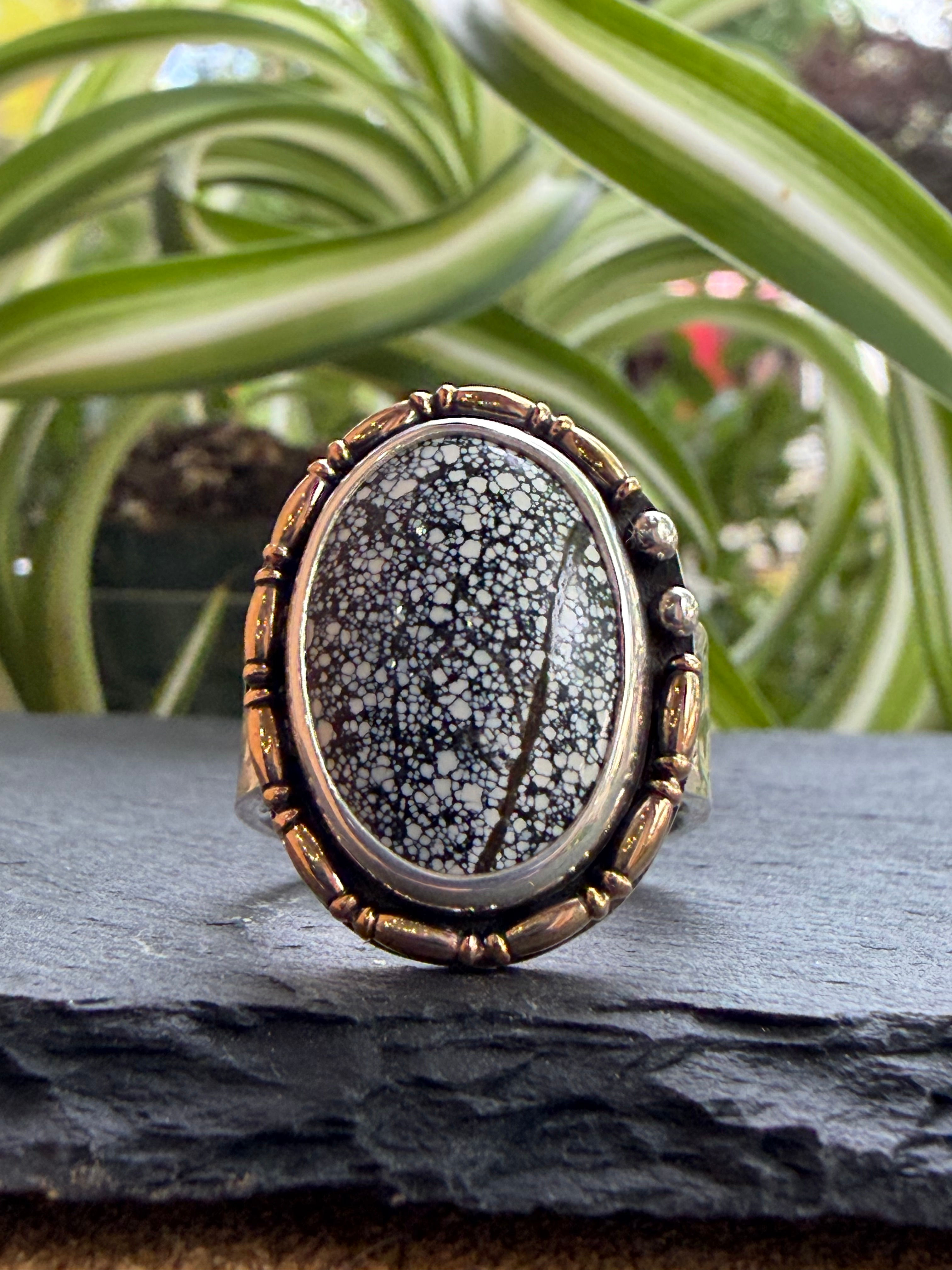 Ivory Creek turquoise ring with white spiderweb matrix in 14/20 gold-fill setting, handcrafted Taos, New Mexico