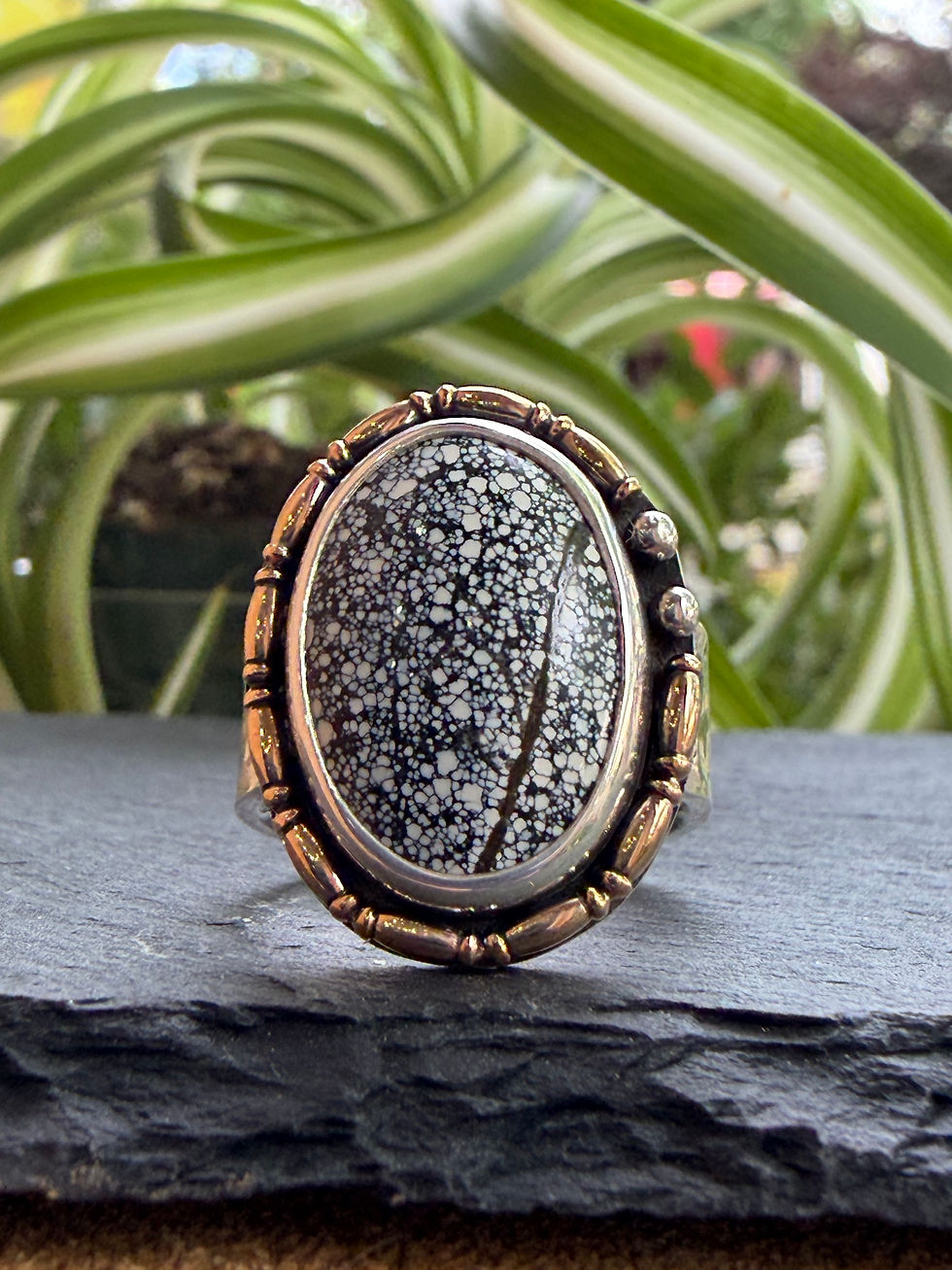Ivory Creek turquoise ring with white spiderweb matrix in 14/20 gold-fill setting, handcrafted Taos, New Mexico