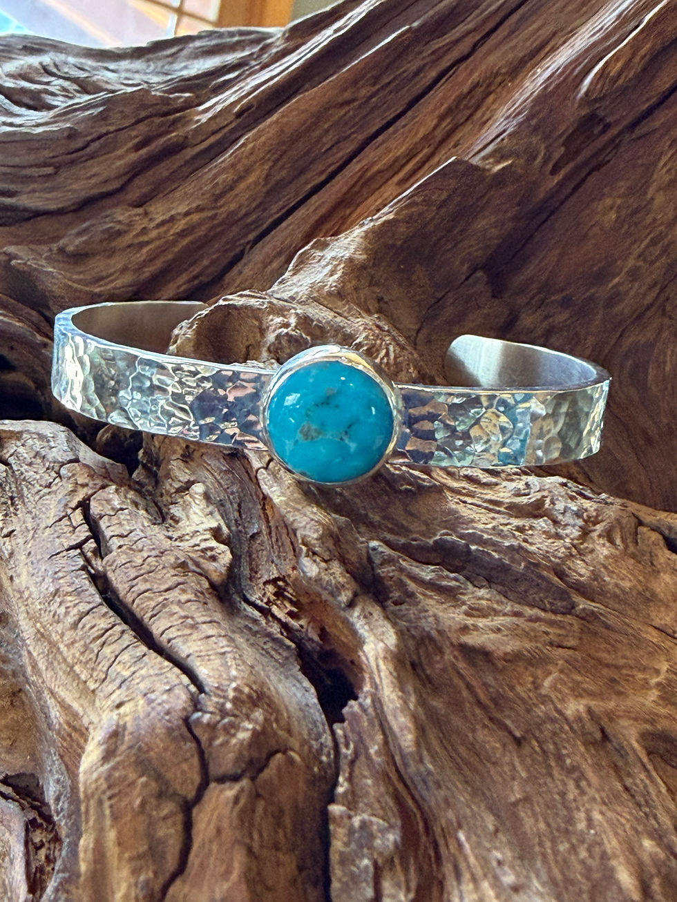 Kingman turquoise cuff with hammered sterling silver band, handcrafted in Taos, New Mexico