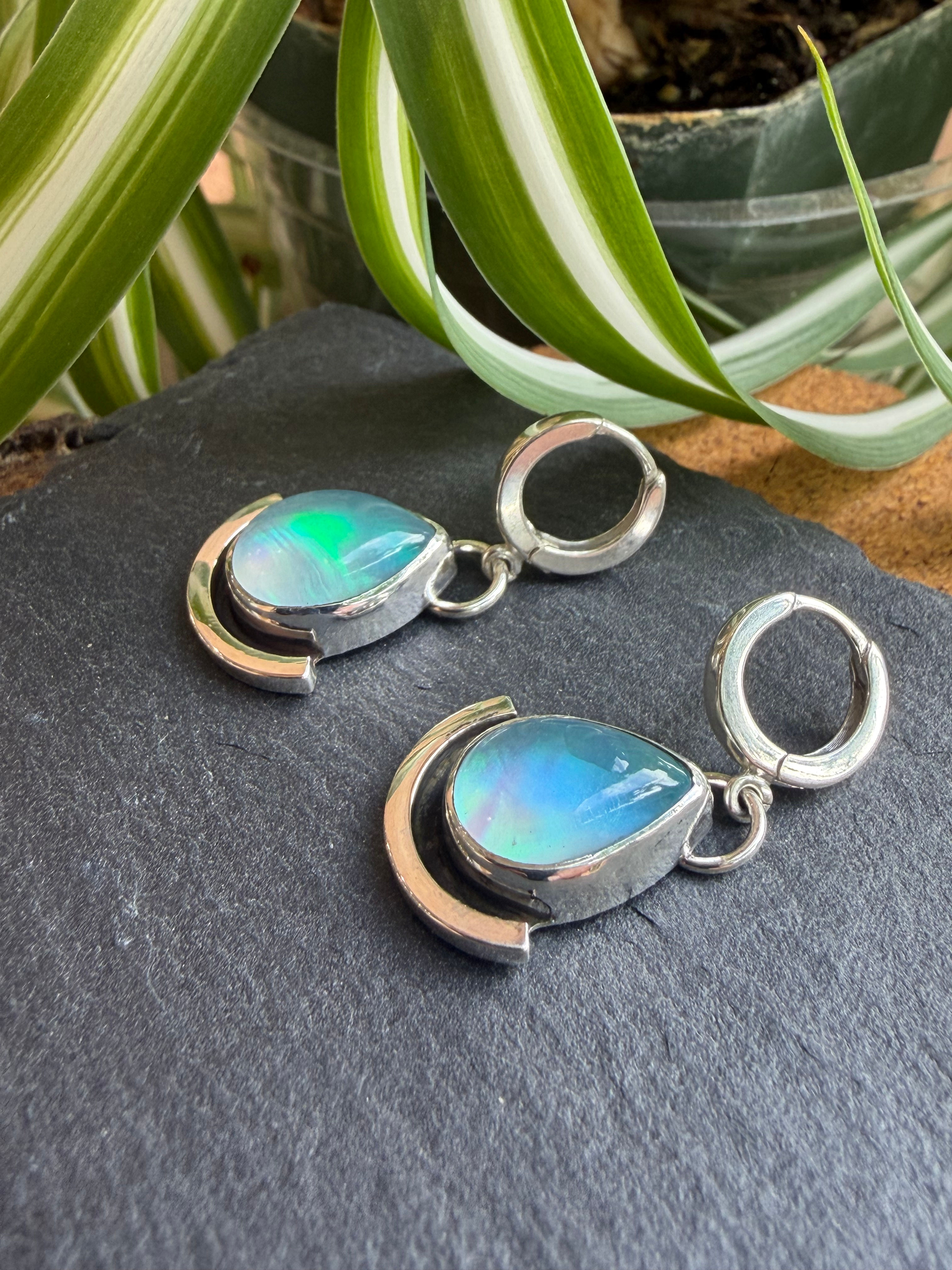 Aura opal teardrop earrings with play-of-color, handcrafted Taos, New Mexico
