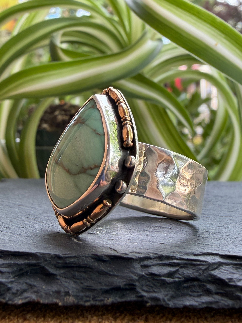 Gold-fill stacked bezel with sterling silver bead accents, maker's mark stamped, Southwest artisan jewelry