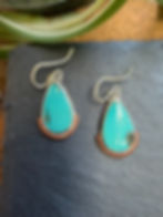 Kingman turquoise teardrop earrings with copper trim, handcrafted Taos, New Mexico
