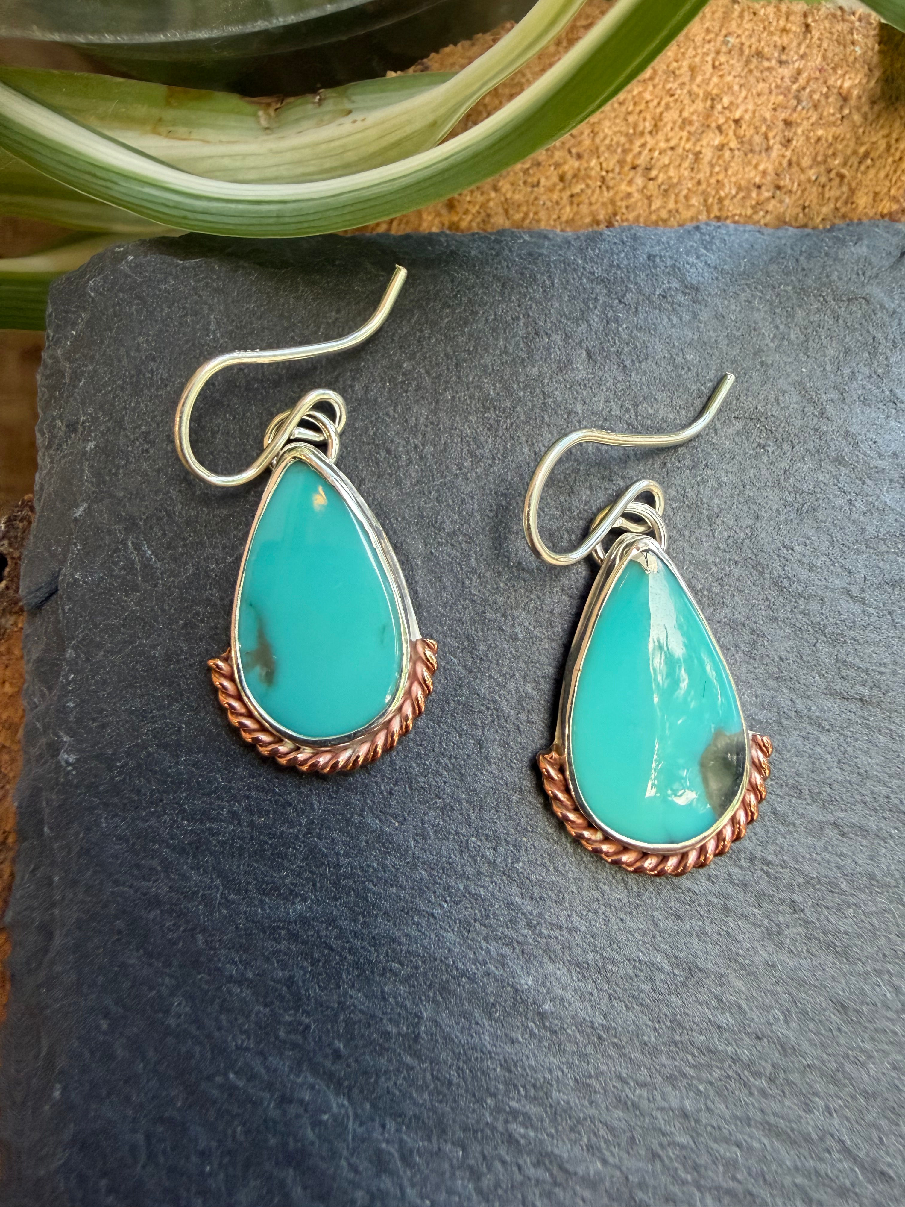 Kingman turquoise teardrop earrings with copper trim, handcrafted Taos, New Mexico