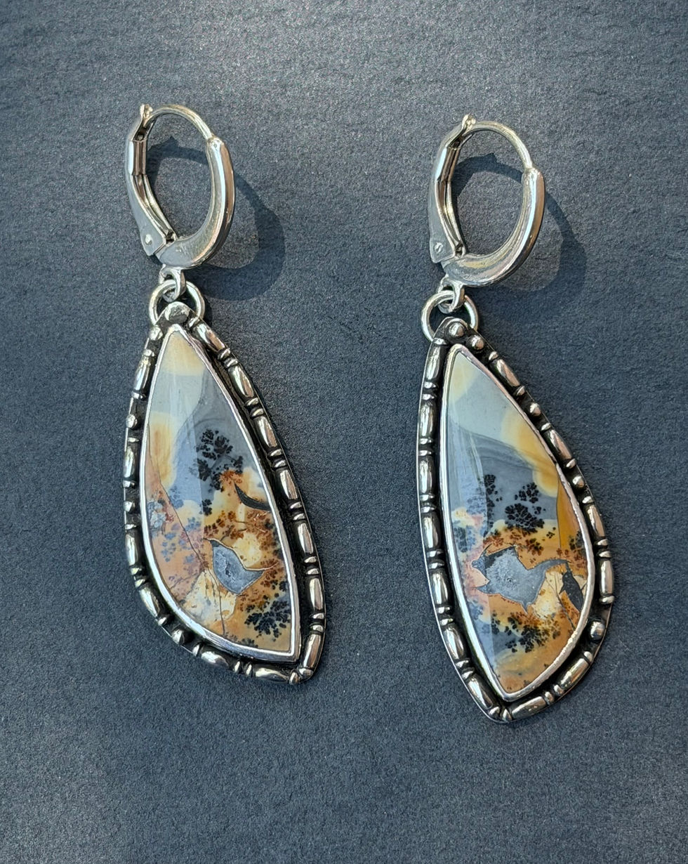 Maligano jasper marquise earrings with dendritic pattern, handcrafted Taos, New Mexico
