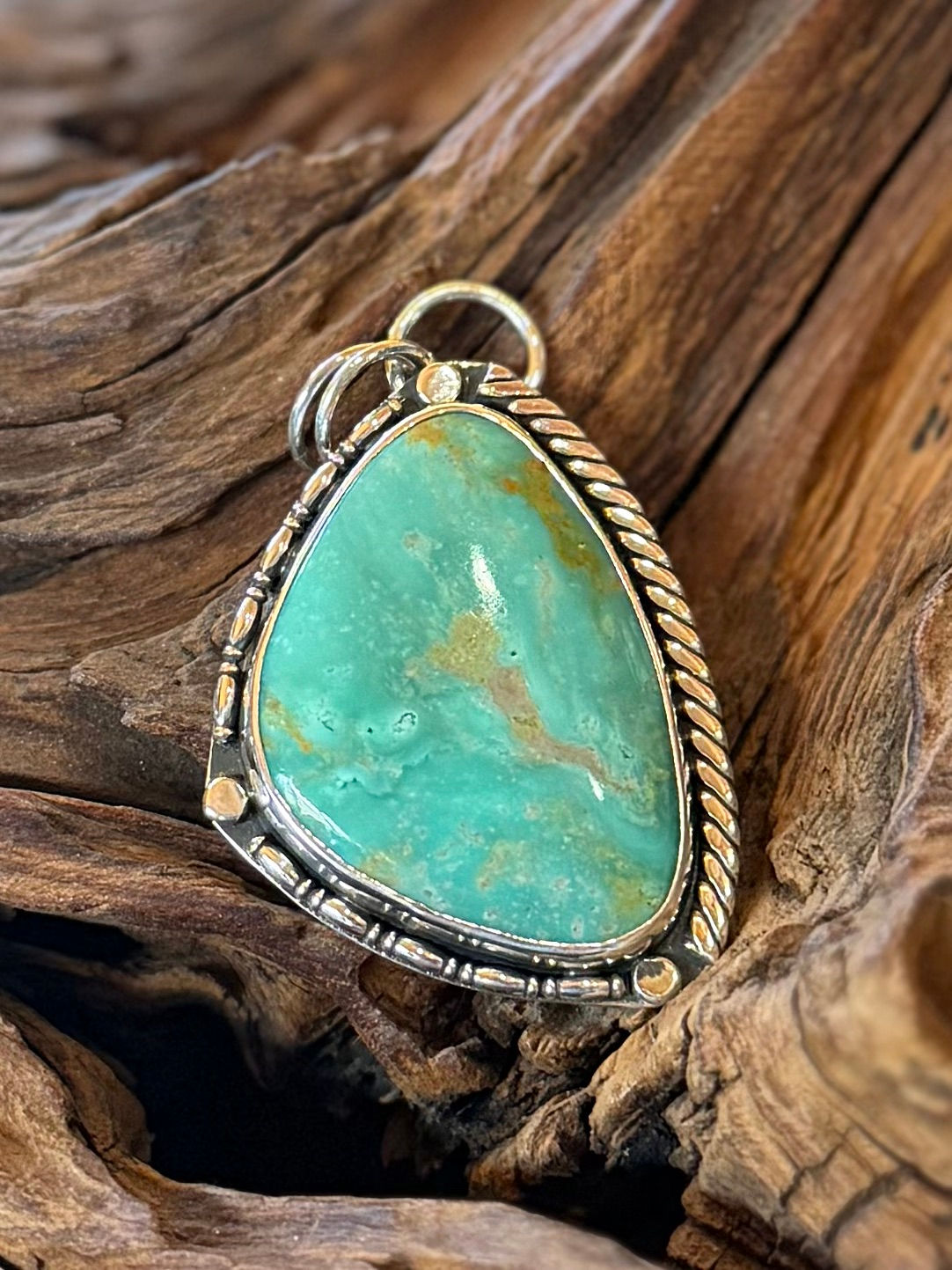 Tyrone turquoise pendant, pierced tree back plate, copper accent, natural, one of a kind, Southwest, artisan, semi precious g