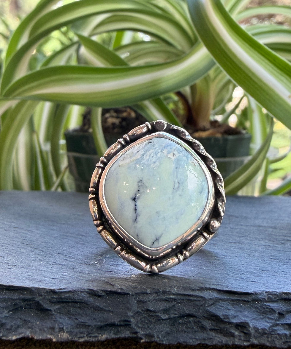 White River variscite ring with beaded silver bezel, handcrafted in Taos, New Mexico