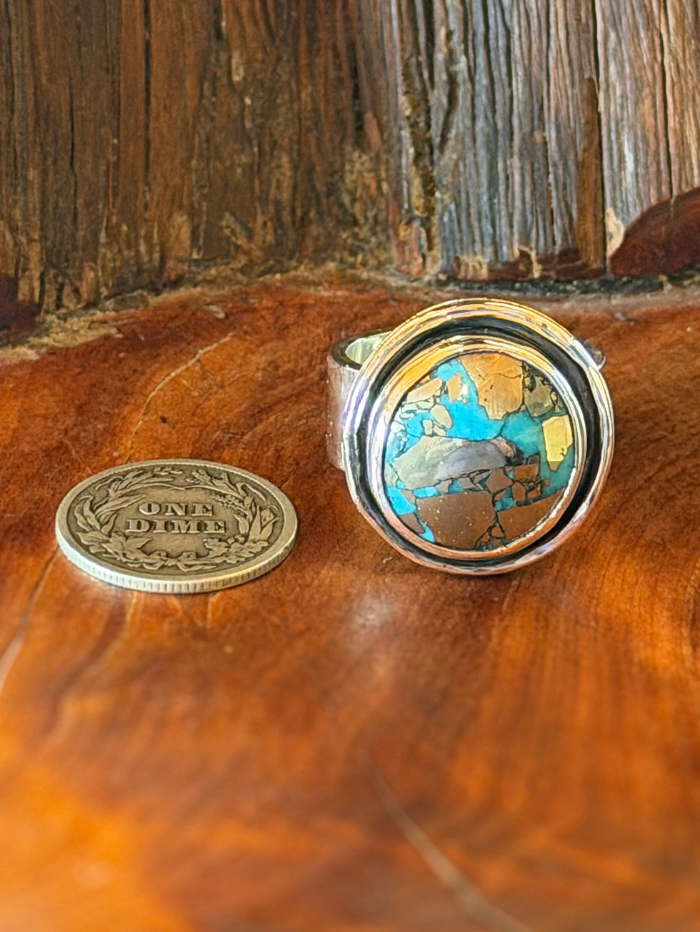 Morenci II turquoise ring with silver gold pyrite matrix, vivid teal stone, plain polished bezel, Taos, New Mexico