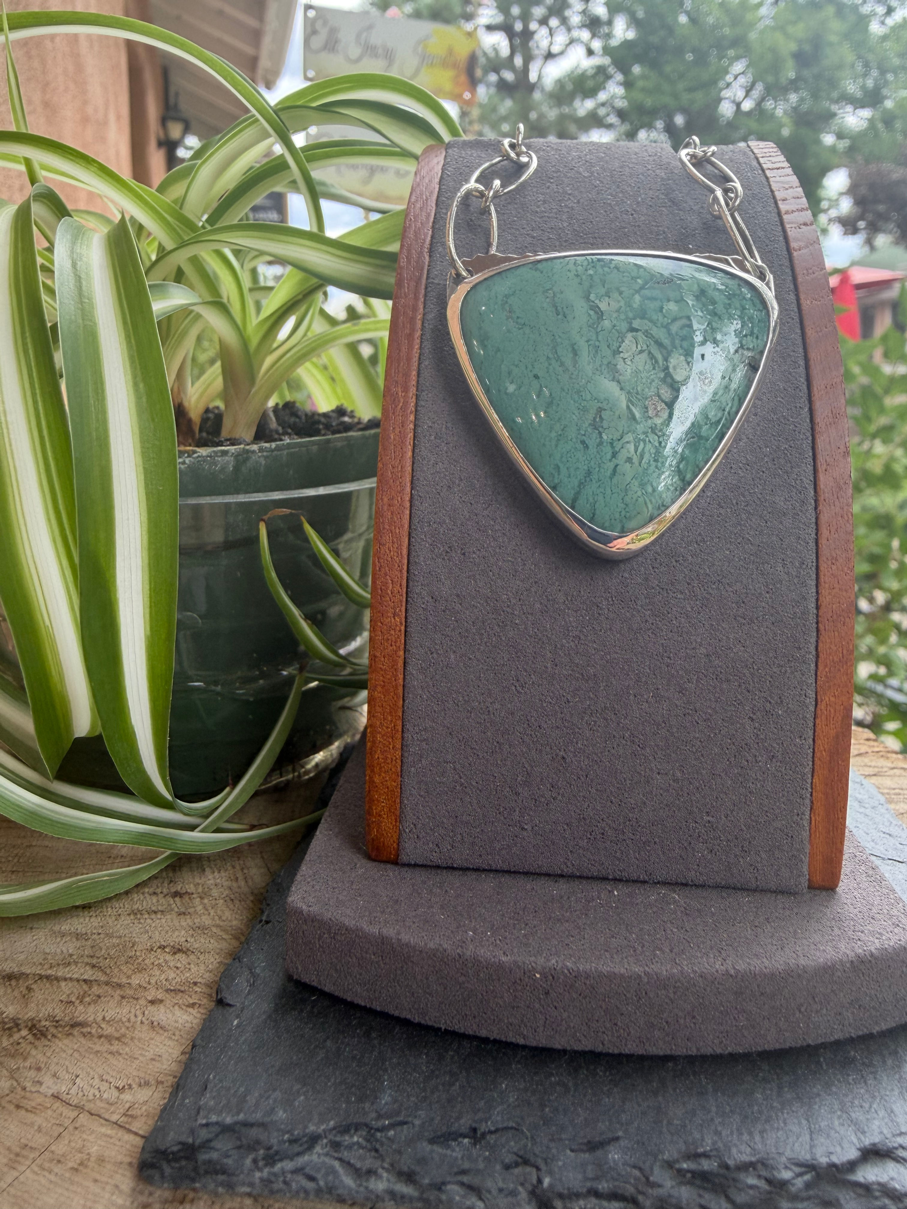 Mtorolite chalcedony necklace with scalloped silver bezel and handmade chain, handcrafted in Taos, New Mexico