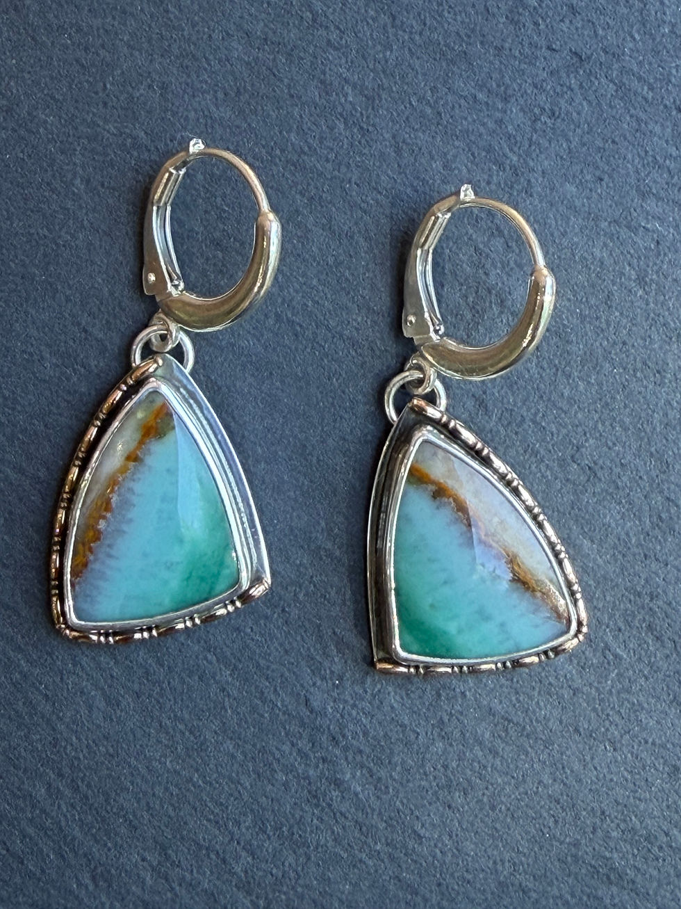 Opalized petrified wood triangle earrings with oxidized silver bezel, handcrafted in Taos, New Mexico