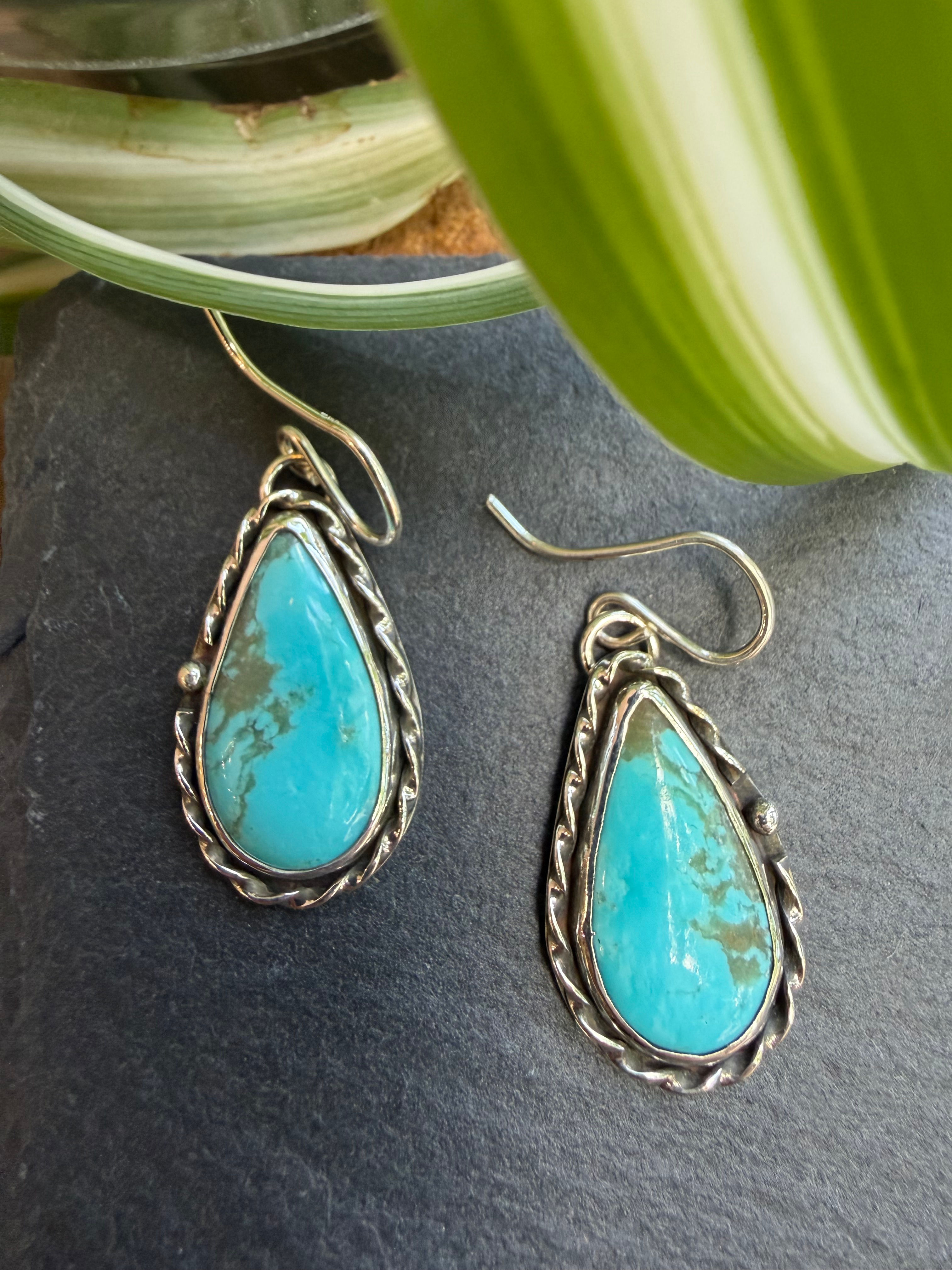 Kingman turquoise teardrop earrings with rope-twist border, handcrafted Taos, New Mexico