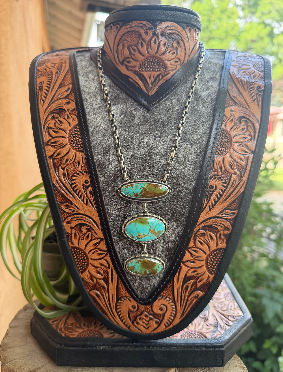 Tyrone turquoise three-stone cascade necklace with beaded silver bezels, handcrafted in Taos, New Mexico
