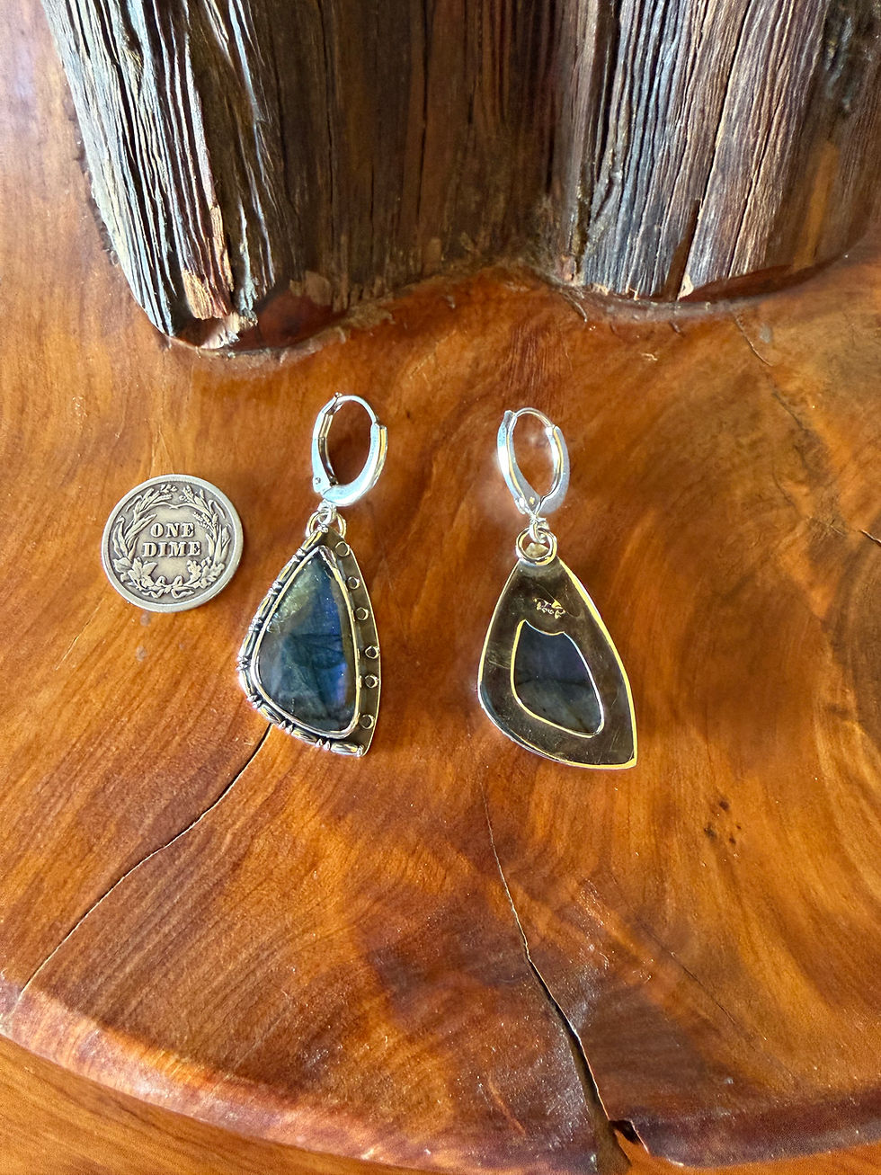 Blue flash labradorite cabochon with hand-riveted rope border, Southwest artisan jewelry