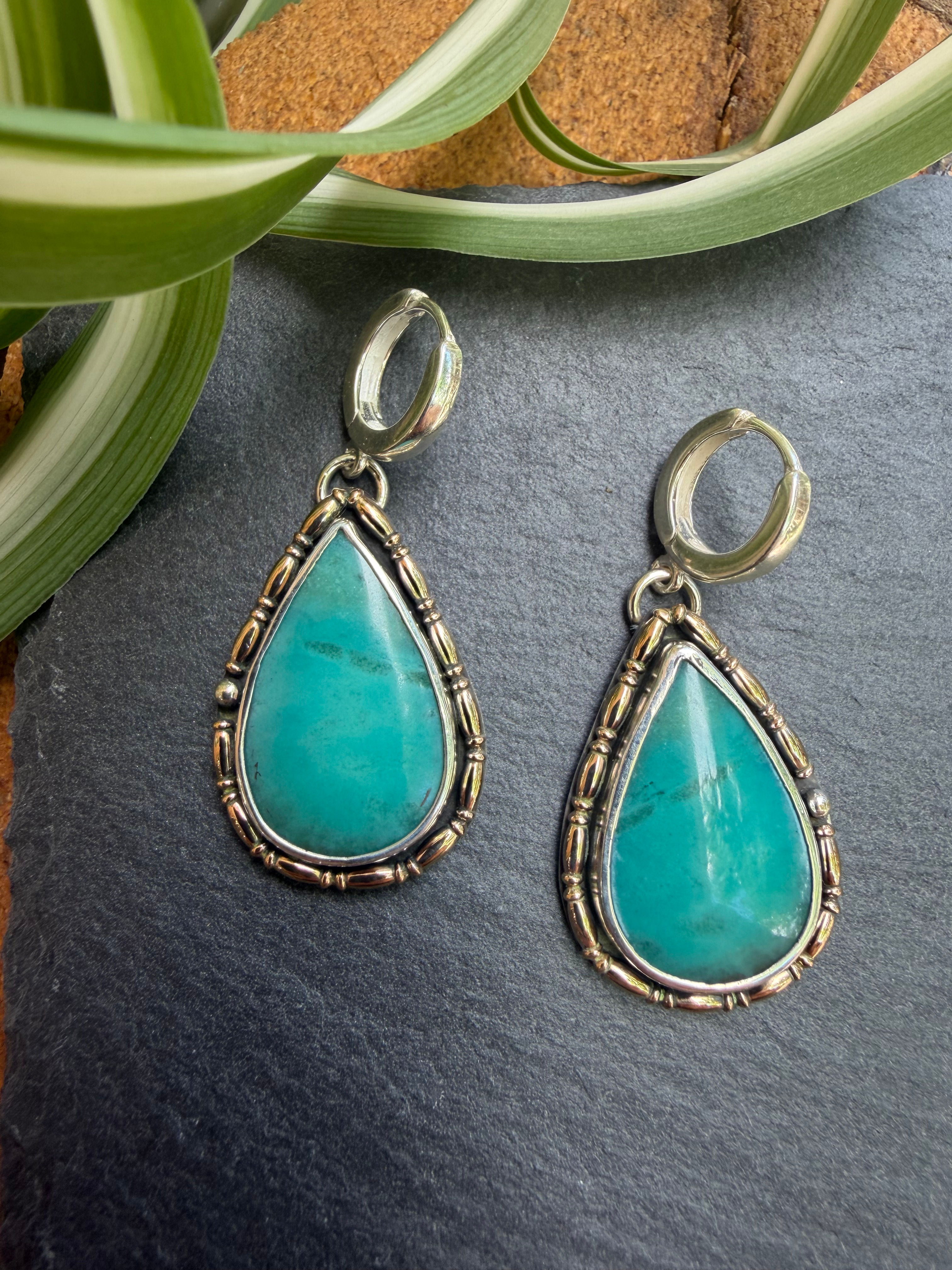 Opalized wood teardrop earrings in sea-green, handcrafted Taos, New Mexico