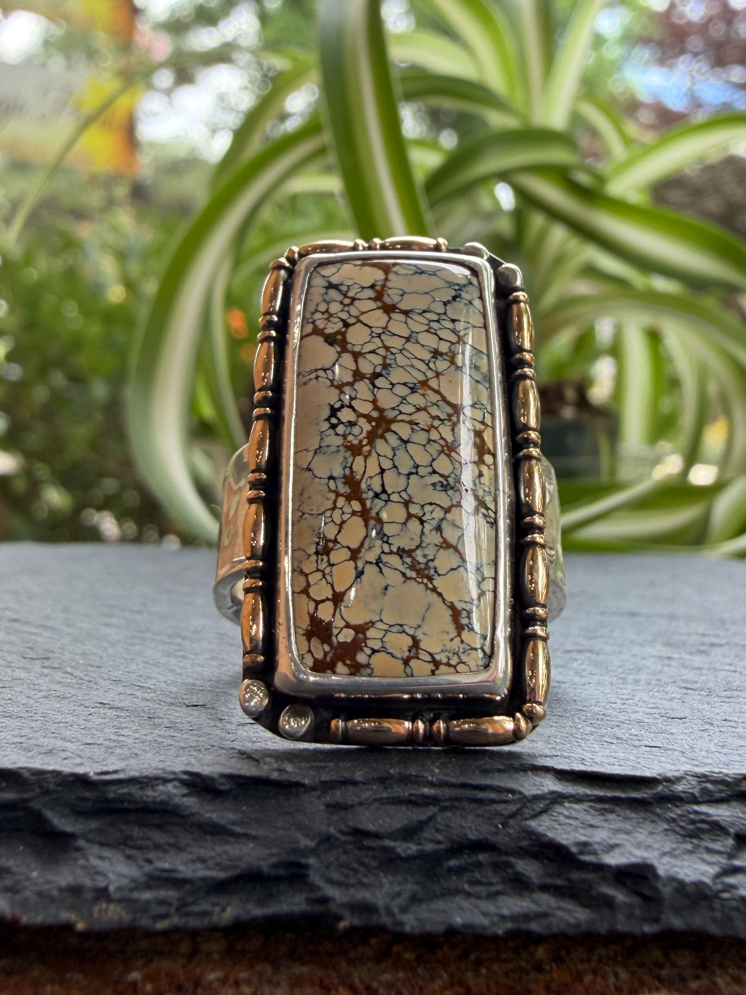 Ivory Creek variscite ring with beaded silver bezel, handcrafted in Taos, New Mexico
