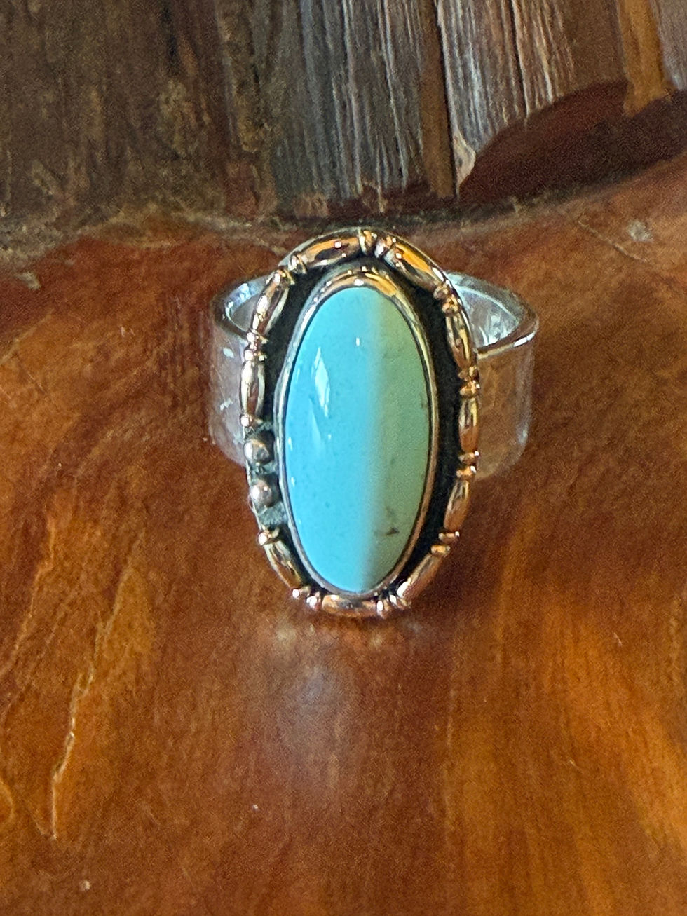 Golden Hills turquoise ring with gold-filled beaded bezel, handcrafted in Taos, New Mexico