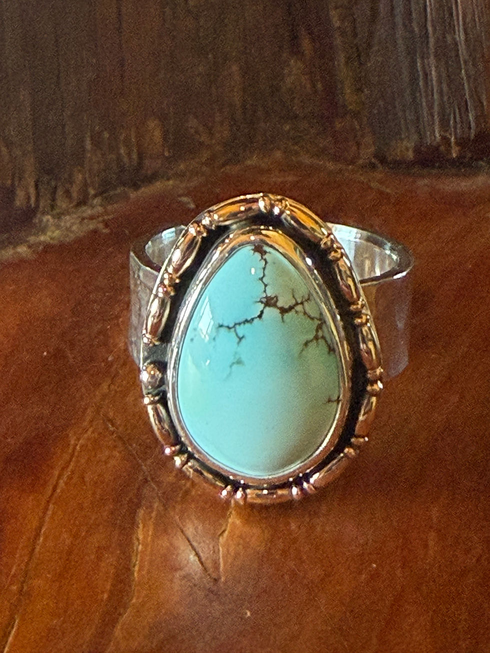 Golden Hills turquoise pear ring with gold-filled beaded bezel, handcrafted in Taos, New Mexico