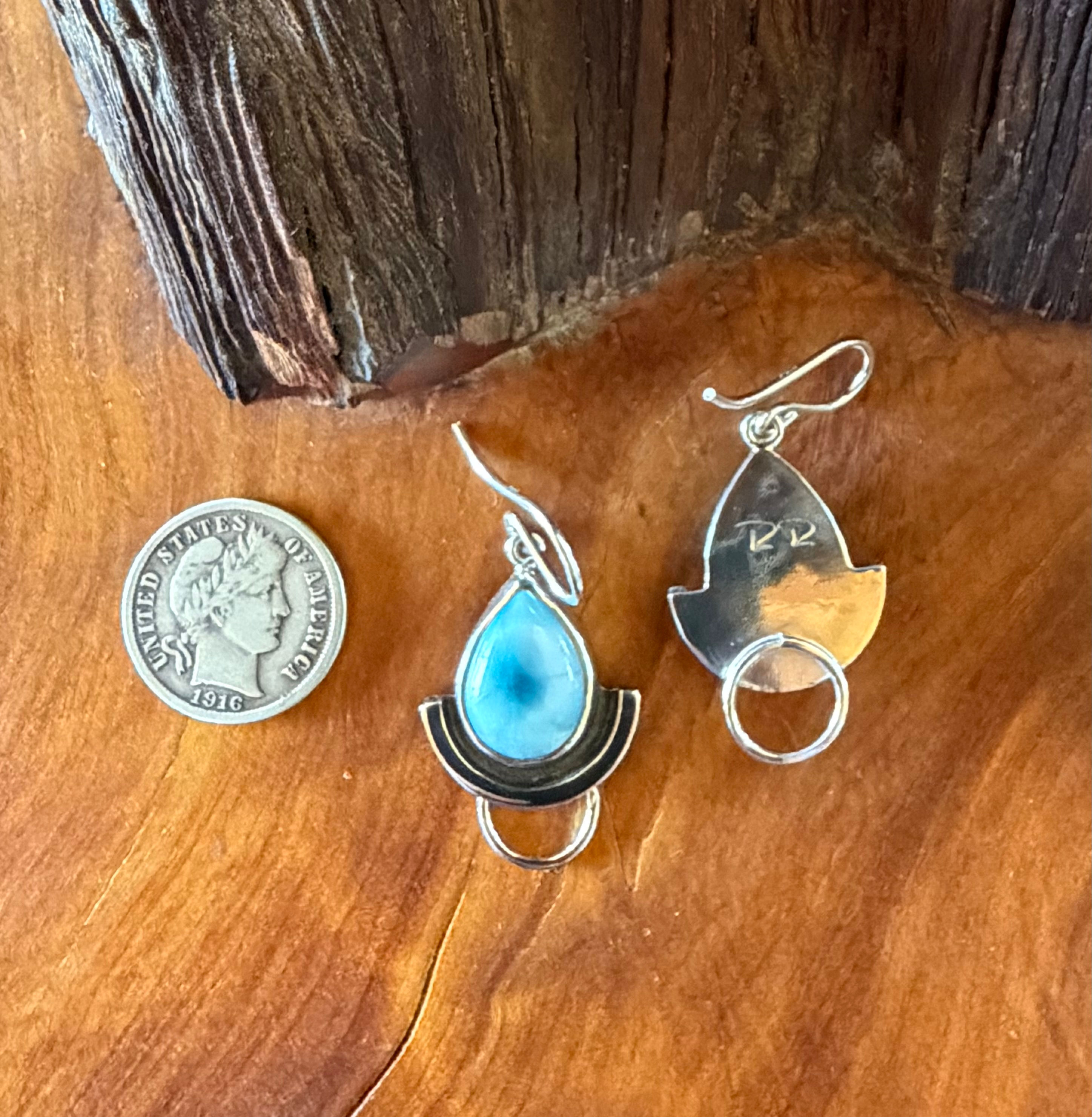 Rare larimar sterling silver teardrop earrings with hammered crescent and open circle drop, handcrafted in Taos, New Mexico