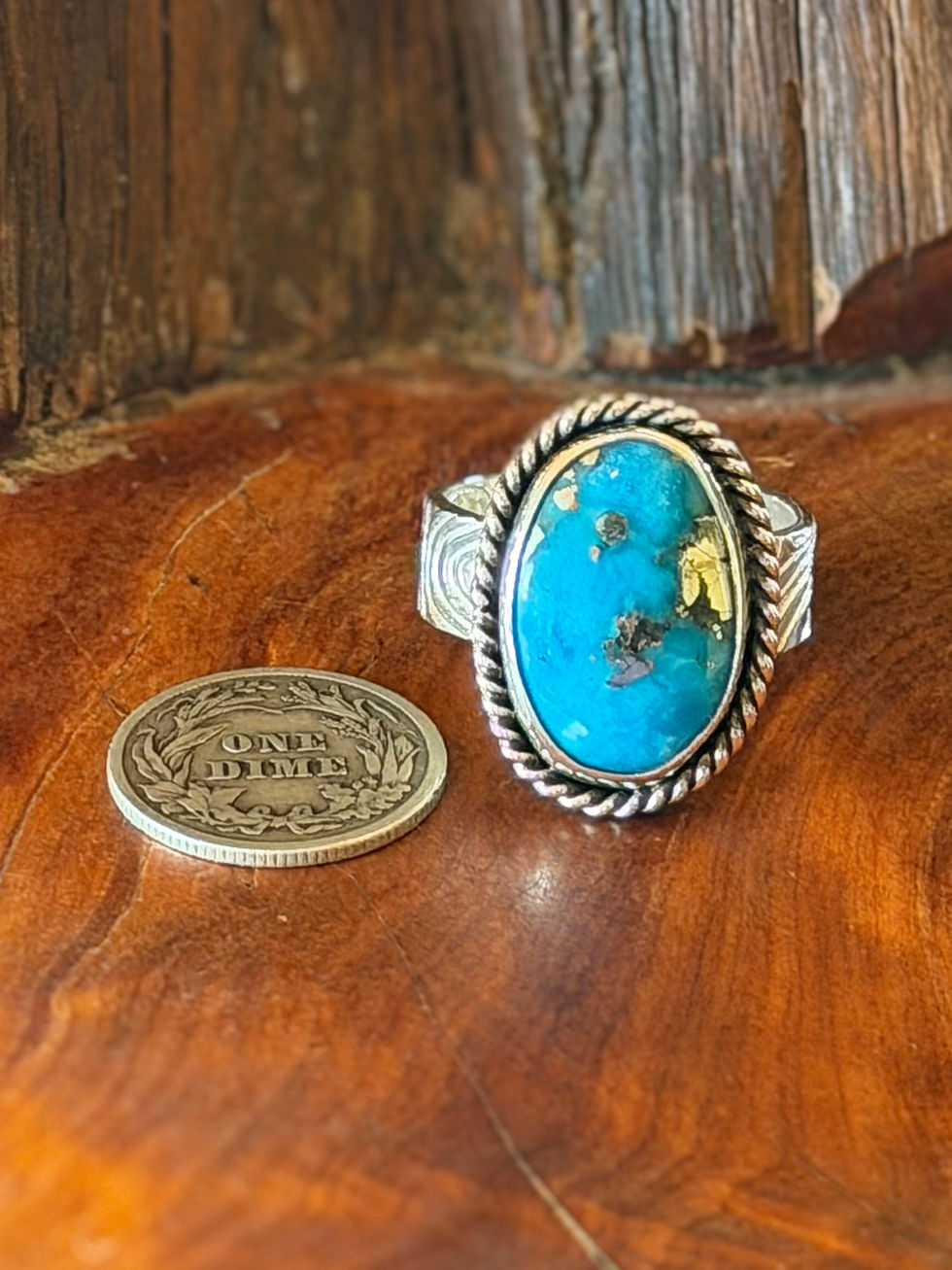 Rare Arizona Morenci II turquoise ring size 8¼, dark matrix, rope border, Fire & Stone Jewelry Studio Taos