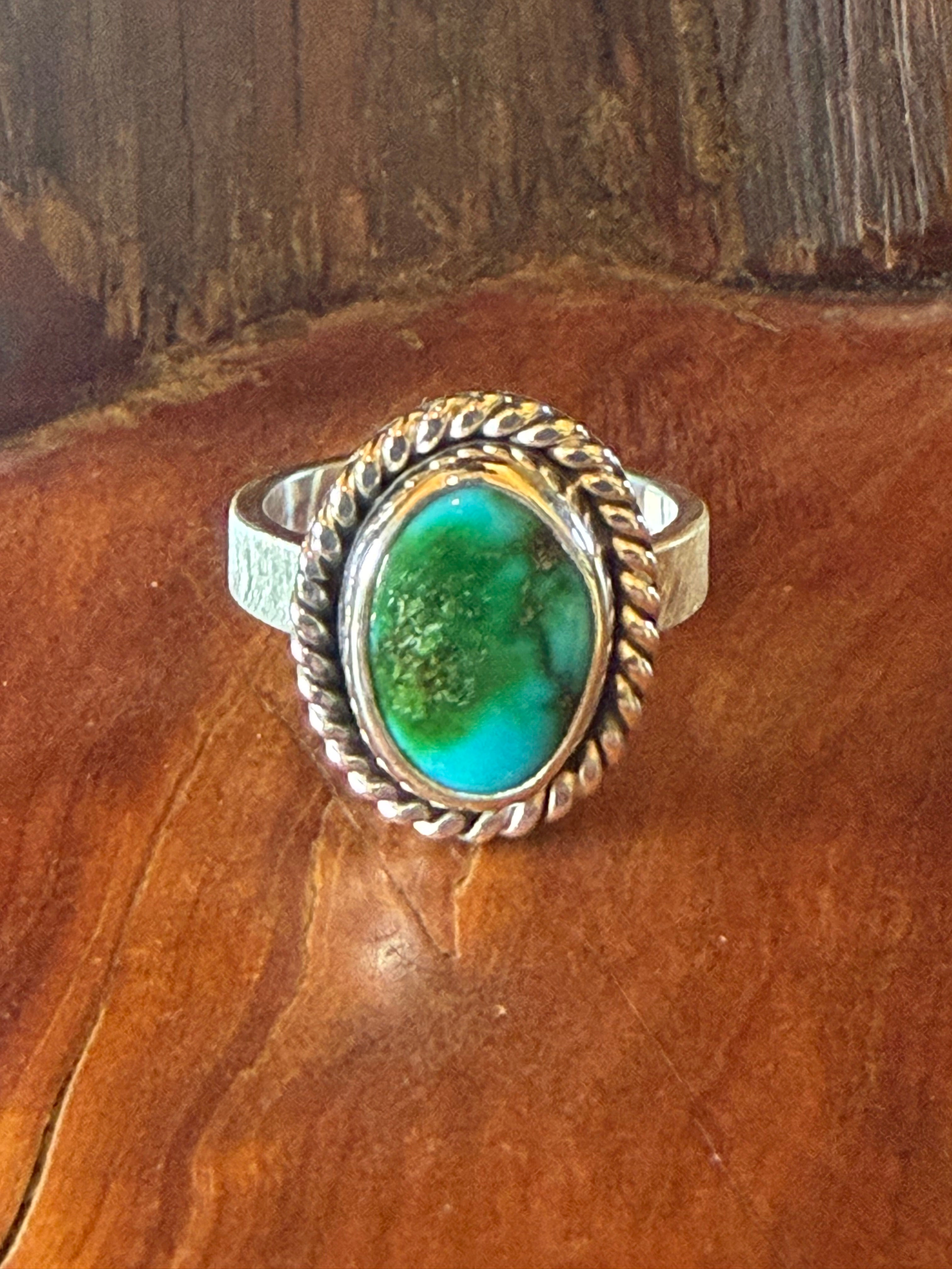 Sonoran Gold turquoise ring with twisted rope silver bezel, handcrafted in Taos, New Mexico