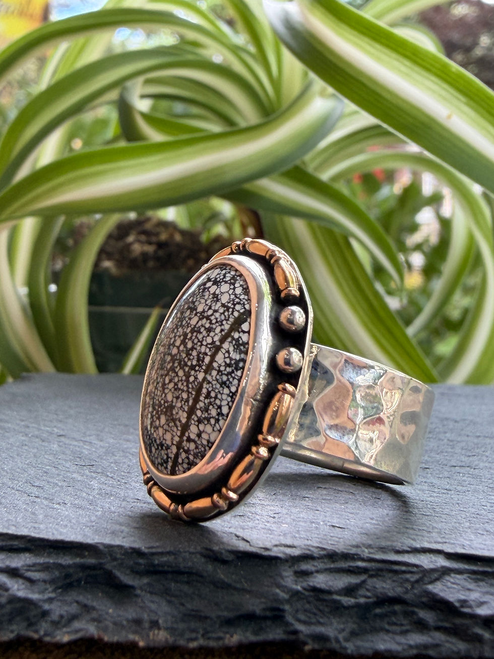 Gold-fill stacked bezel and sterling silver bead detail, maker's mark stamped, Southwest artisan jewelry