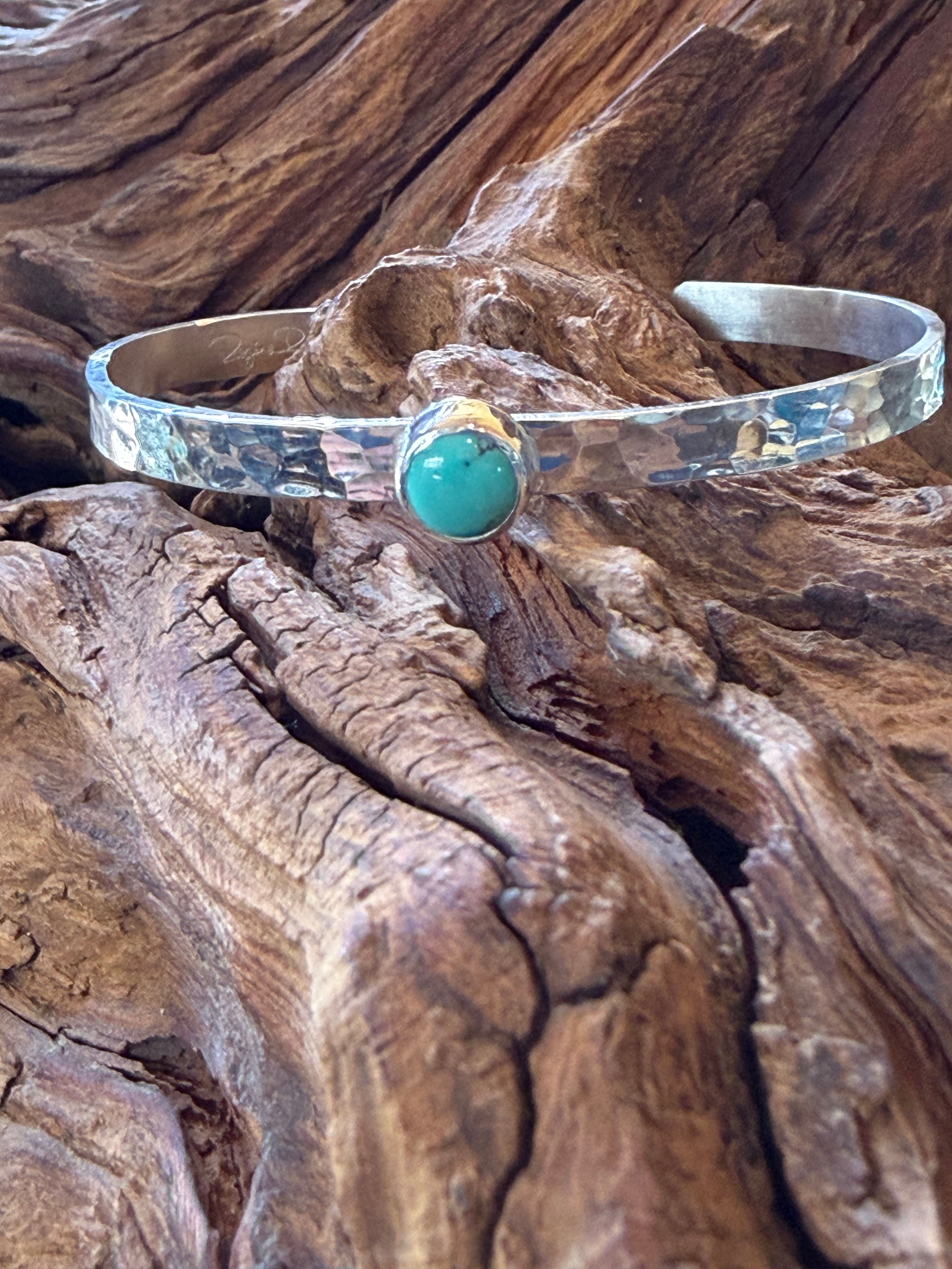 Kingman turquoise cuff with hammered sterling silver band, handcrafted in Taos, New Mexico