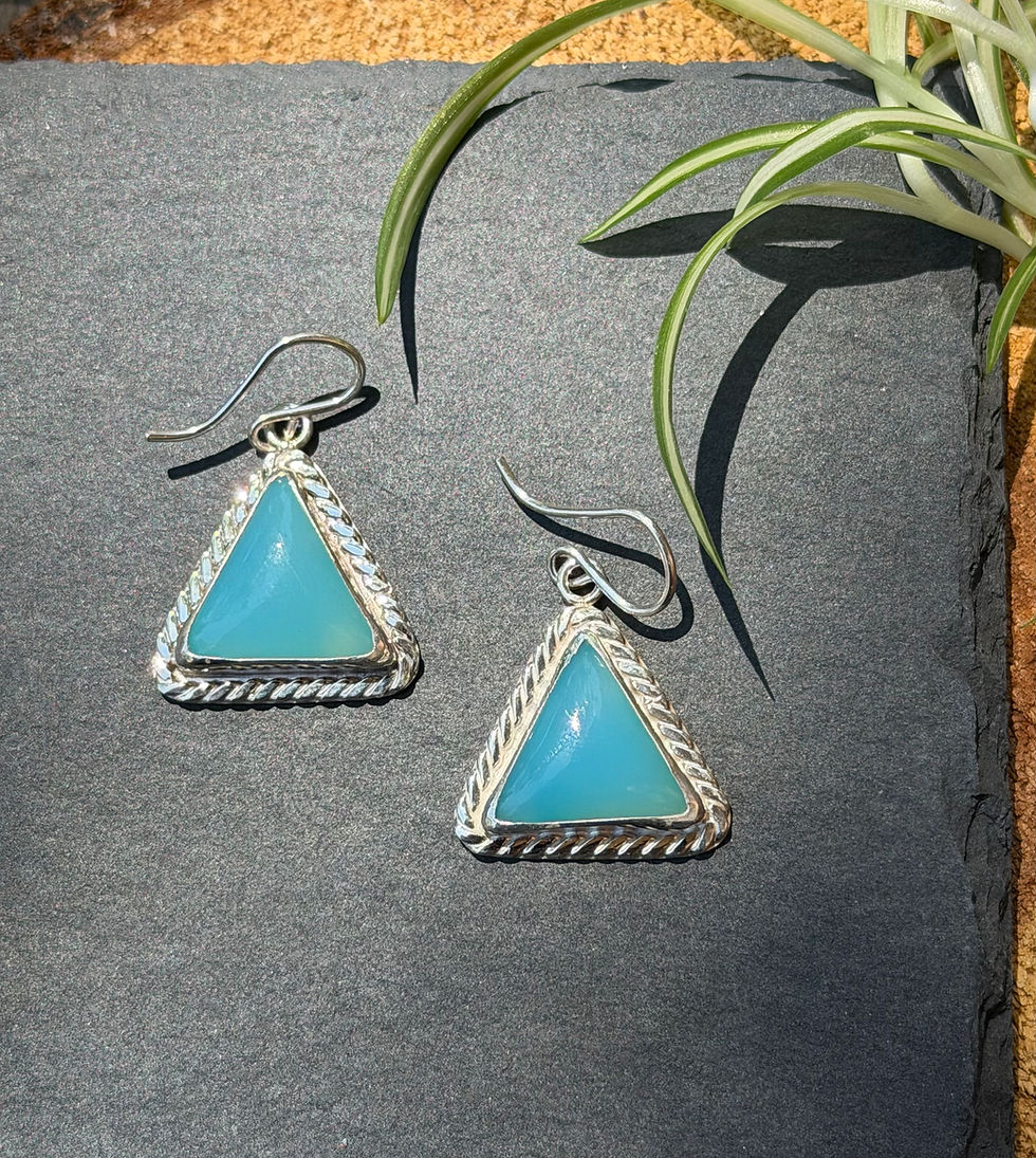 Blue chalcedony triangle earrings with twisted rope silver bezel, handcrafted in Taos, New Mexico