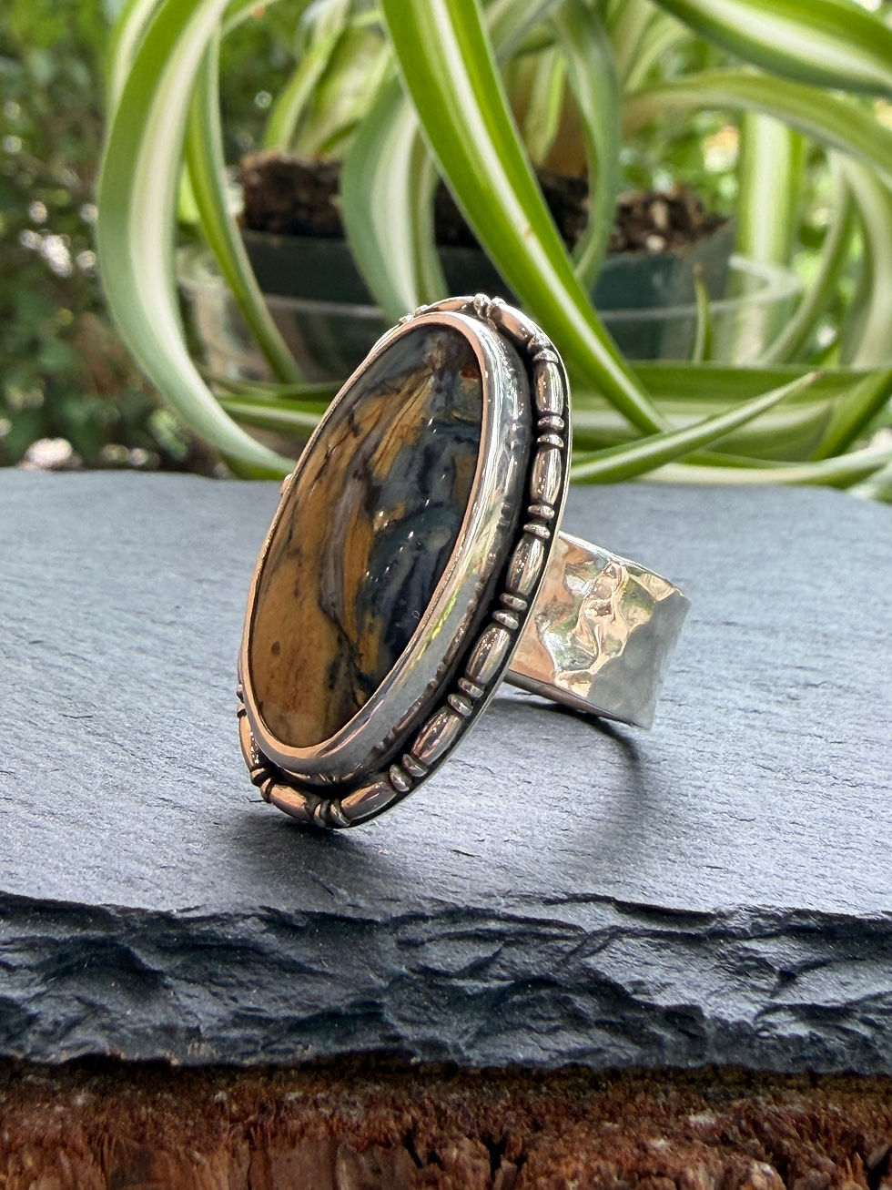 Hammered sterling silver band beneath jasper stone, Southwest artisan jewelry