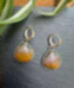 Sunset agate teardrop earrings with mustard plume, handcrafted Taos, New Mexico