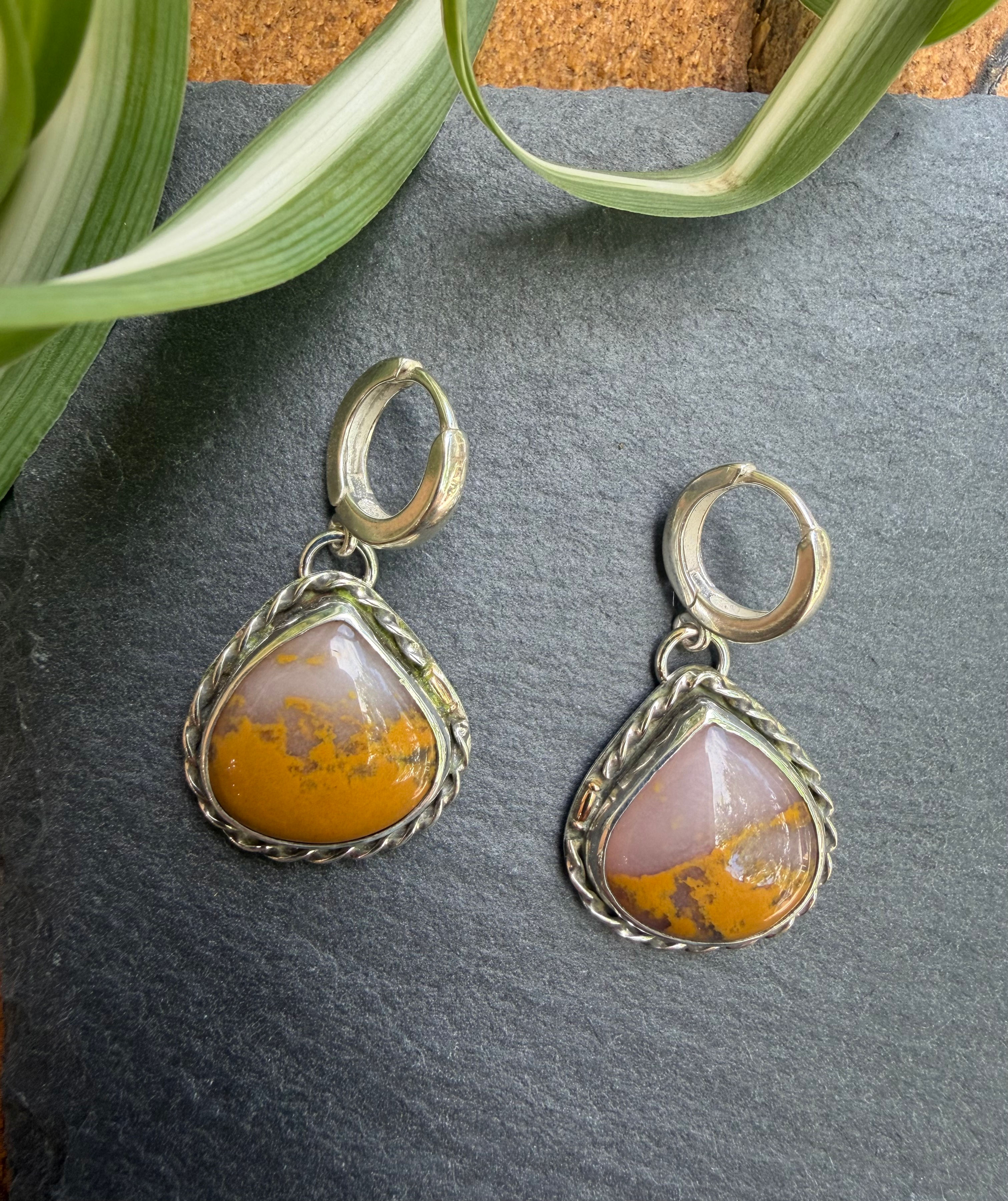 Sunset agate teardrop earrings with mustard plume, handcrafted Taos, New Mexico