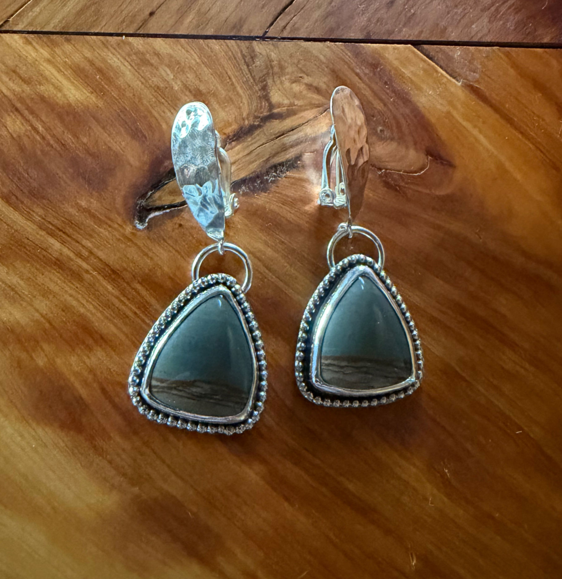 Scenic Owyhee jasper clip-on earrings in sterling silver with hammered shield top, handmade in Taos New Mexico