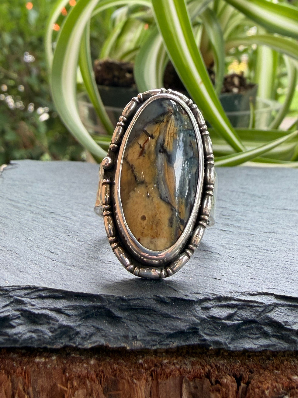 Hava Rift jasper ring with beaded silver bezel, handcrafted in Taos, New Mexico