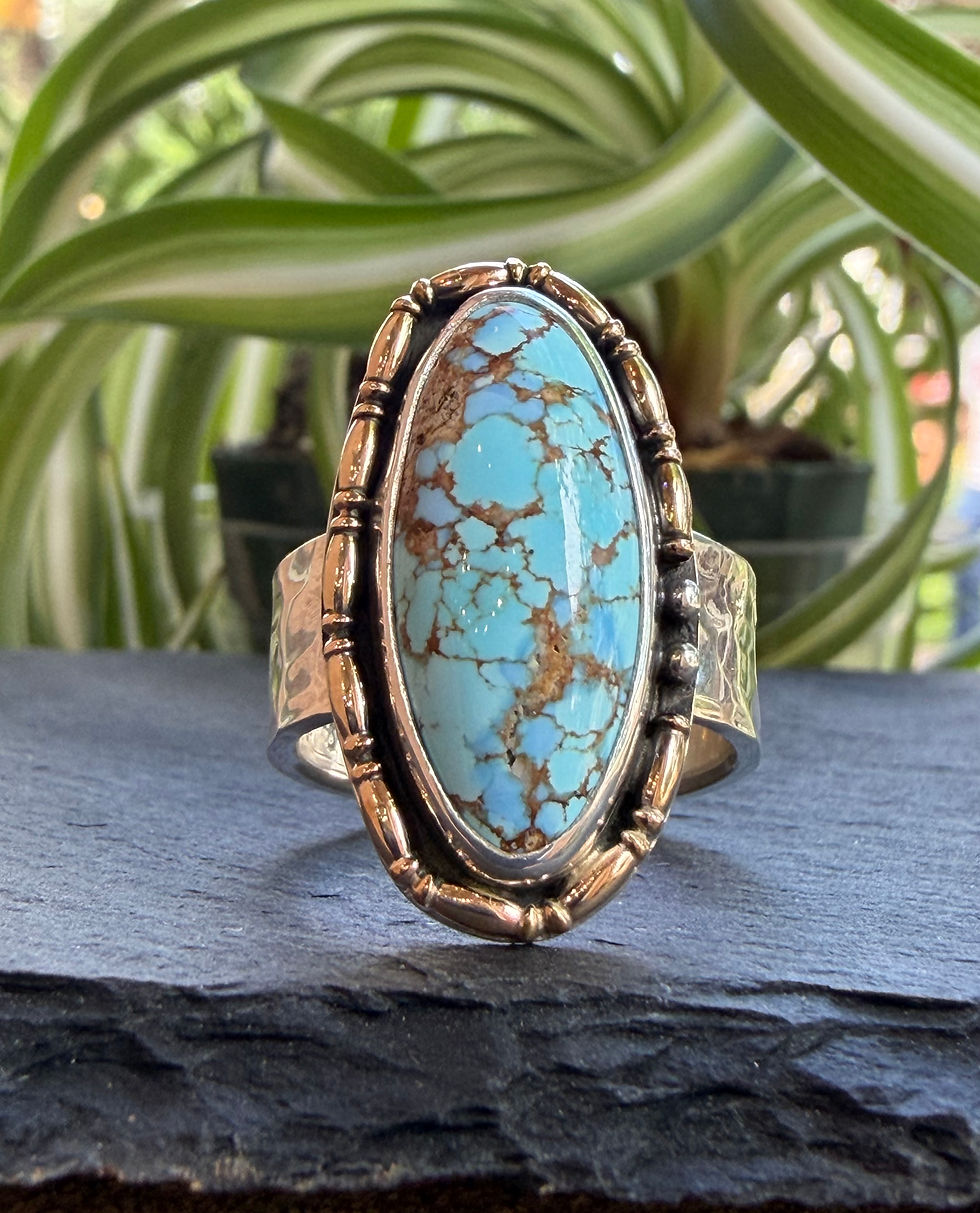 Golden Hills turquoise ring with gold-filled beaded bezel, handcrafted in Taos, New Mexico