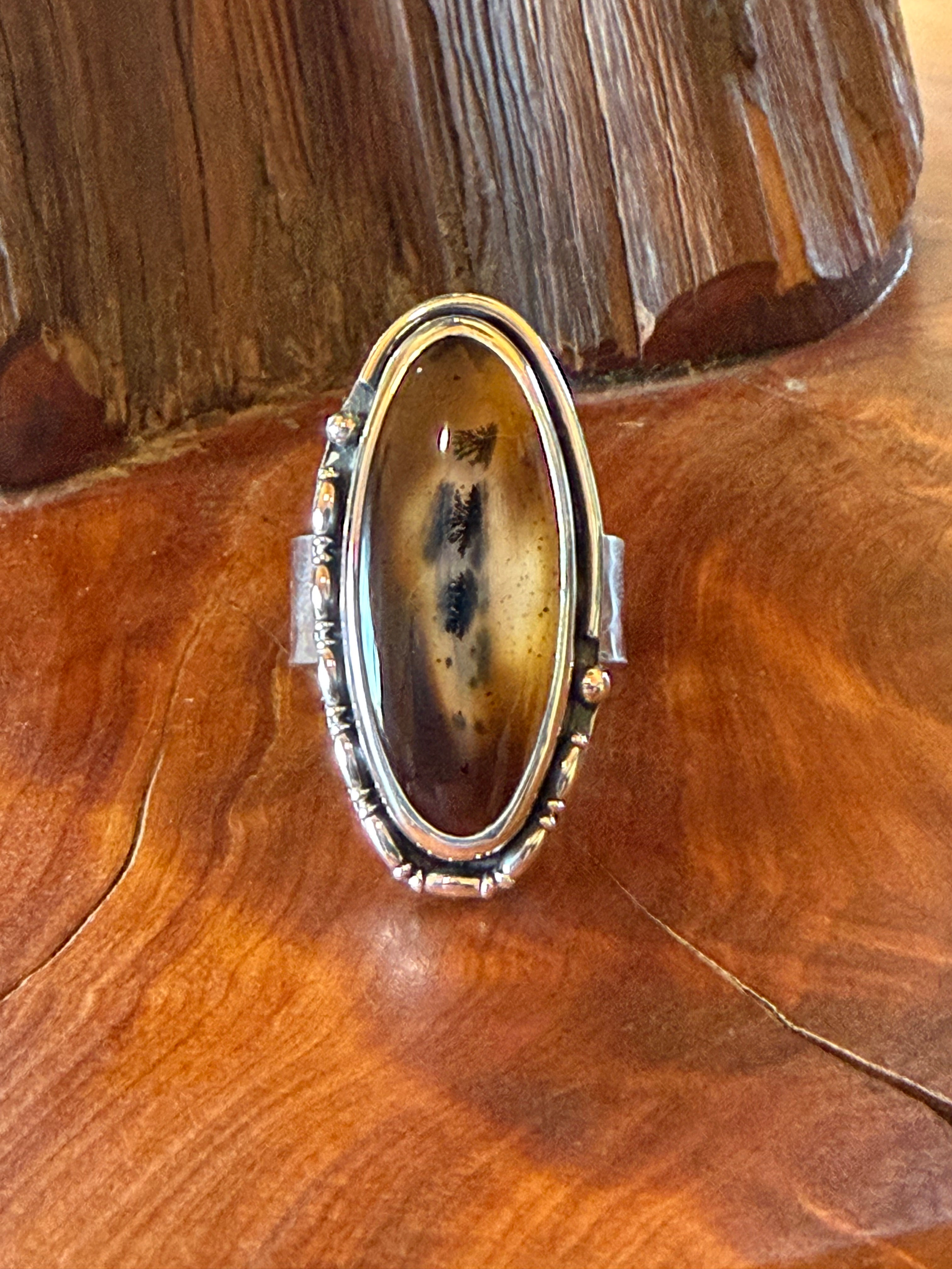 Montana agate ring with beaded silver bezel, handcrafted in Taos, New Mexico