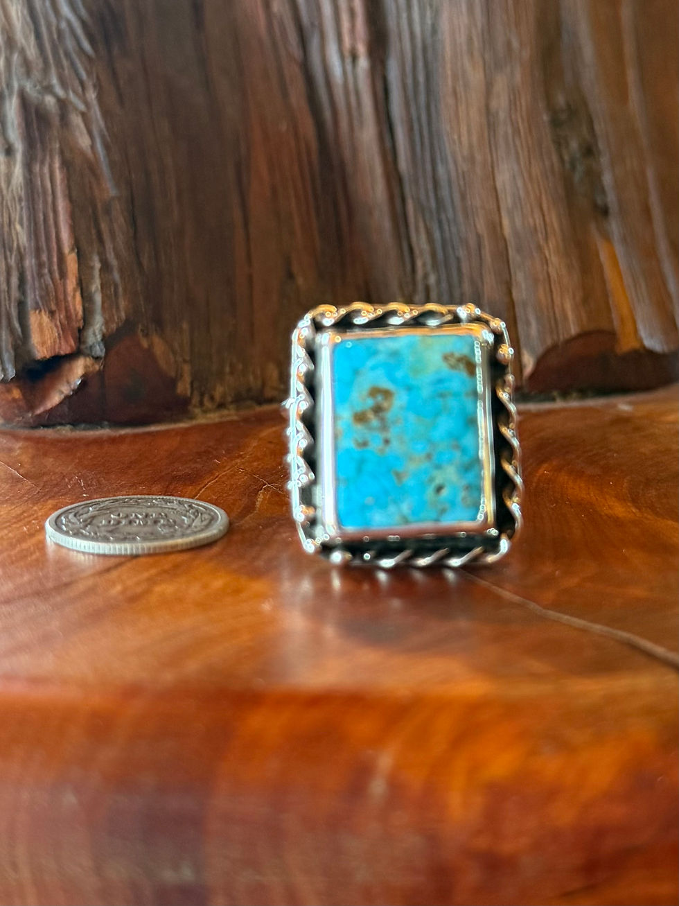 Water Web turquoise ring, square bezel, rope border, natural, one of a kind, Southwest, artisan, semi precious gemstone