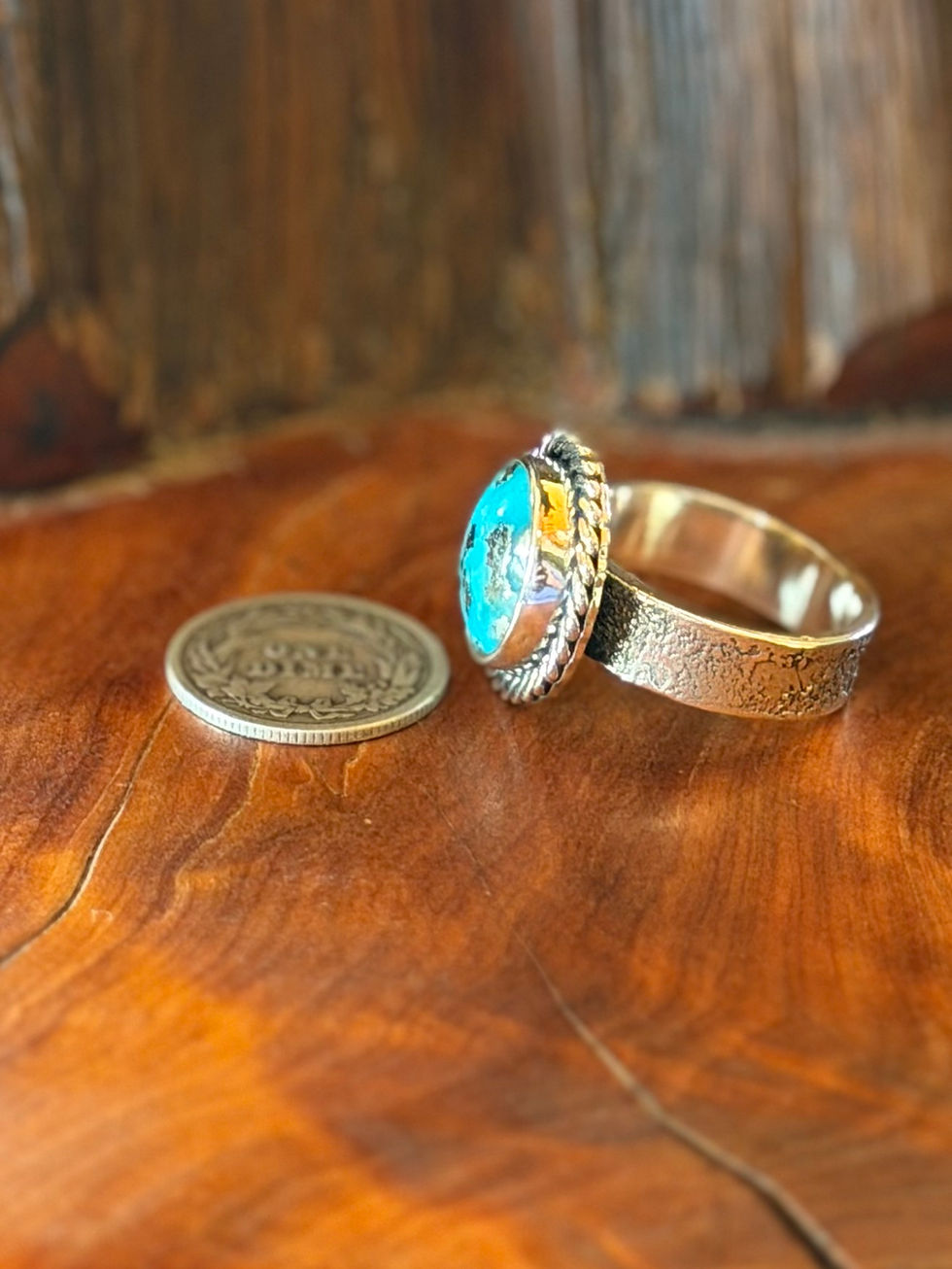 Side view 6mm stardust sterling silver band on Morenci II turquoise ring, Southwest artisan silversmith Fire & Stone Taos